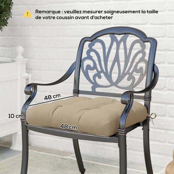 Lot de 4 coussins de chaise de jardin, coussins extérieurs capitonné, rembourrage 10 cm avec attaches, 48 x 48 cm kaki - Image 5