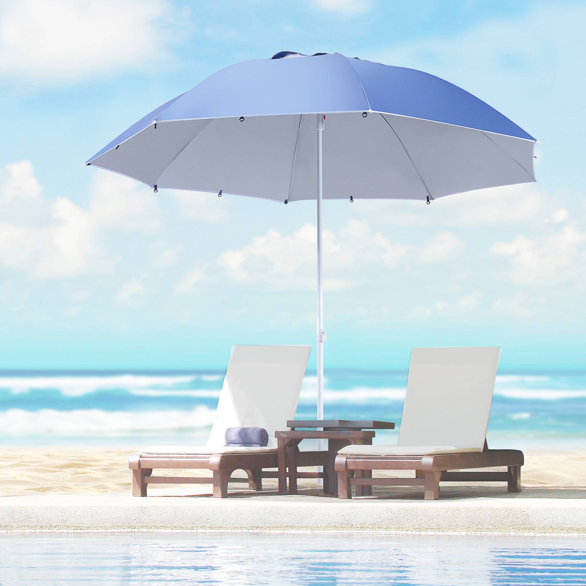 Parasol de plage 2 en 1 avec 2 panneaux latéraux, auvent portable anti-UV avec sac de transport, Ø 210 x 222 cm, bleu - Image 4