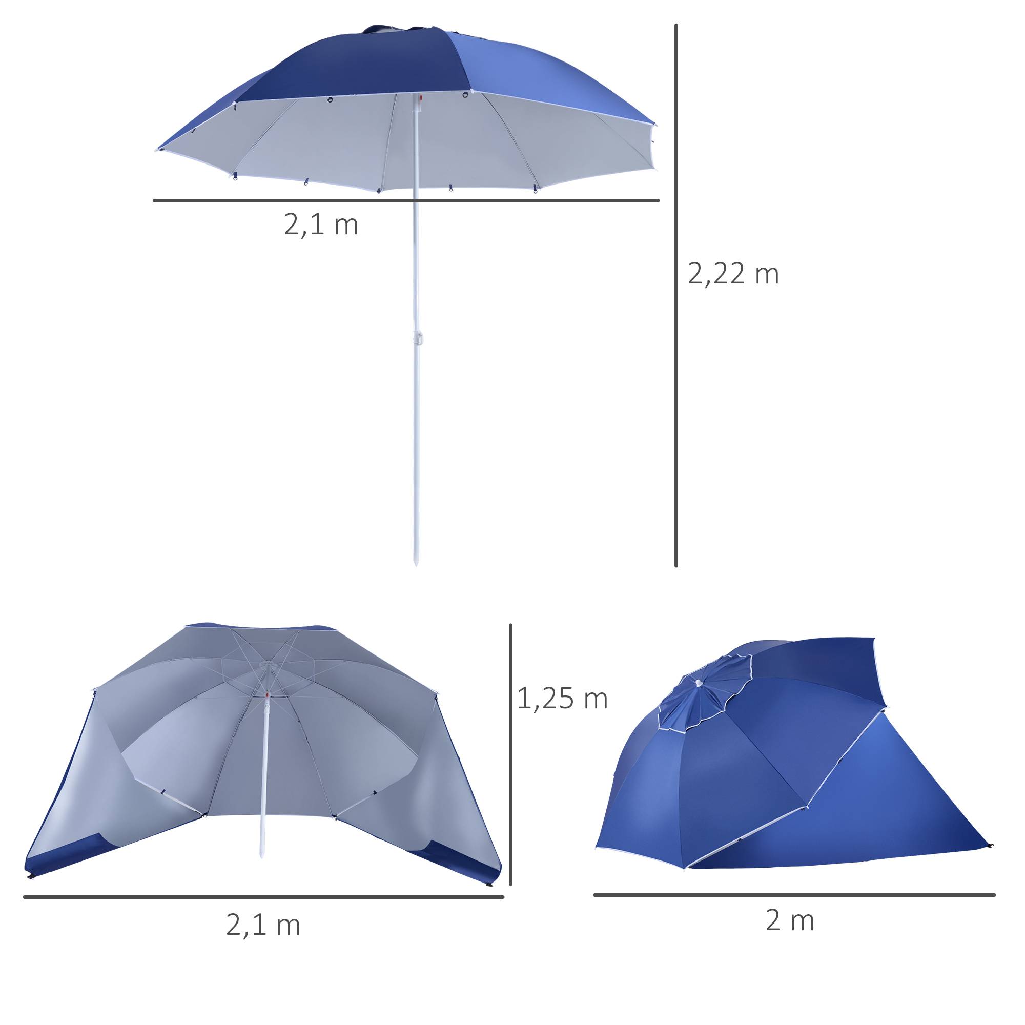 Parasol de plage 2 en 1 avec 2 panneaux latéraux, auvent portable anti-UV avec sac de transport, Ø 210 x 222 cm, bleu - Image 5
