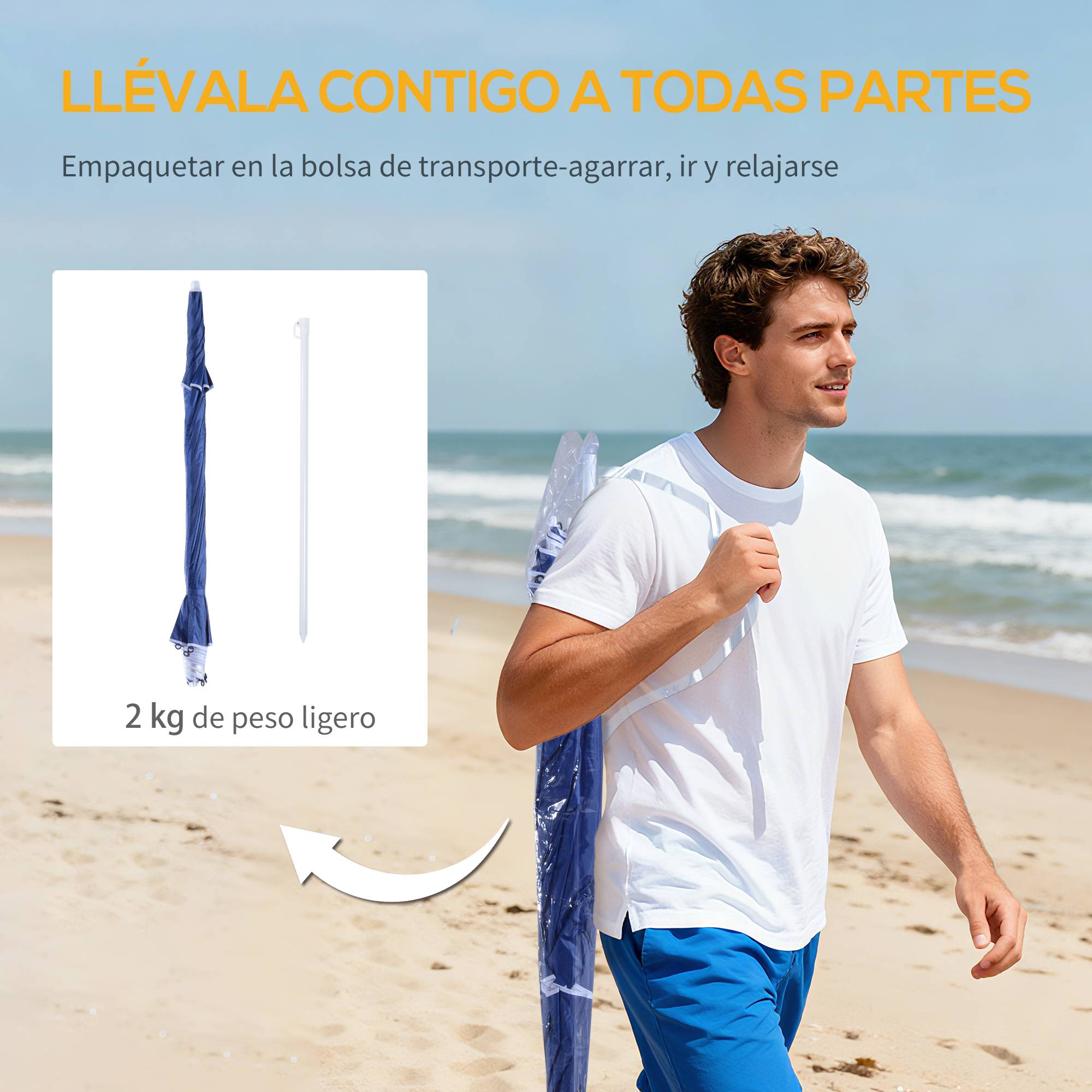 Parasol de plage 2 en 1 avec 2 panneaux latéraux, auvent portable anti-UV avec sac de transport, Ø 210 x 222 cm, bleu - Image 10