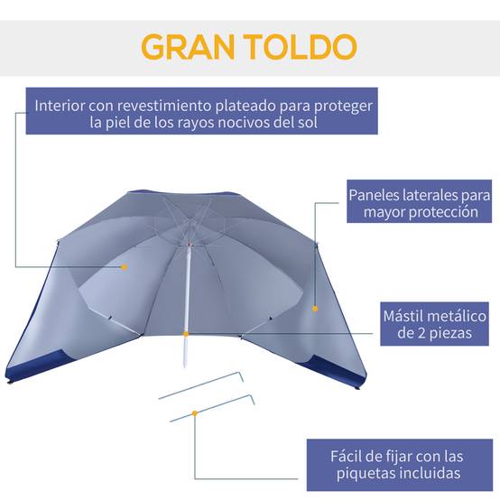 Parasol de plage 2 en 1 avec 2 panneaux latéraux, auvent portable anti-UV avec sac de transport, Ø 210 x 222 cm, bleu - Image 8