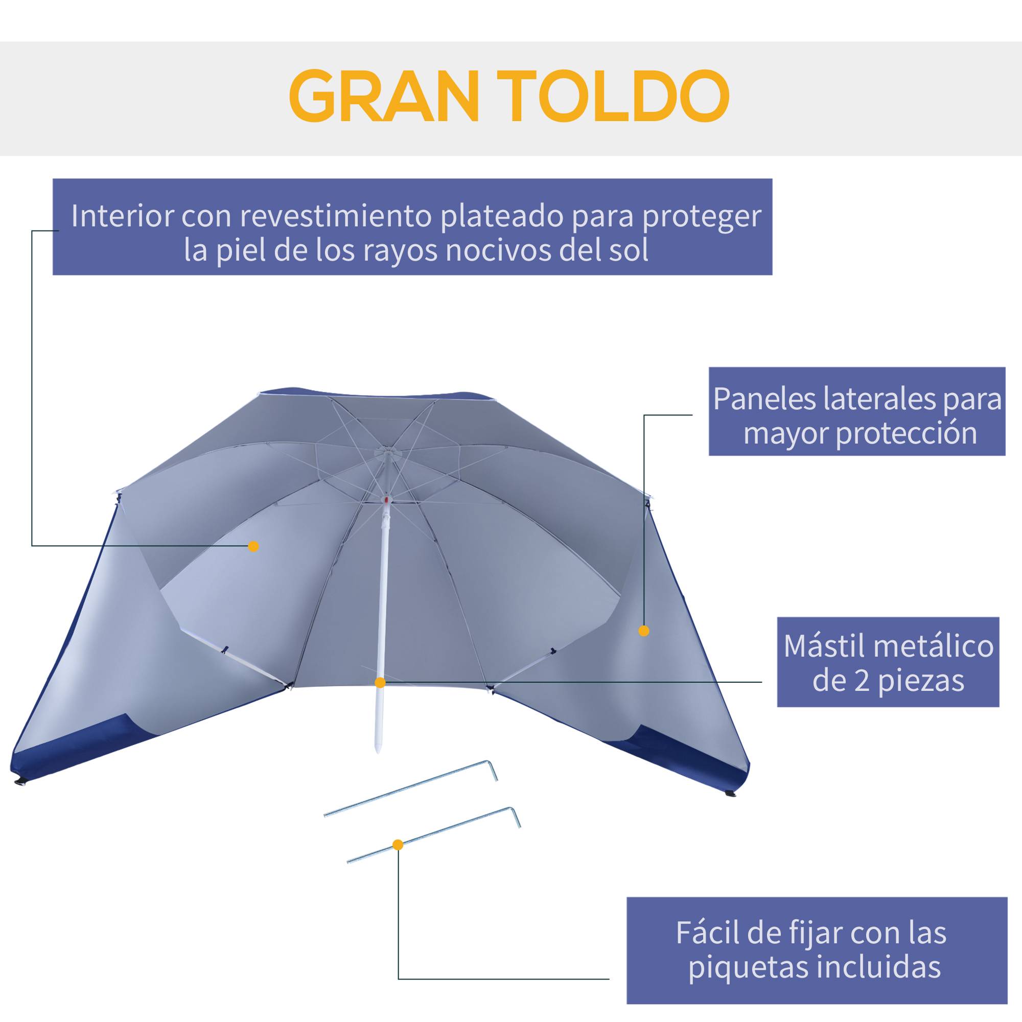 Parasol de plage 2 en 1 avec 2 panneaux latéraux, auvent portable anti-UV avec sac de transport, Ø 210 x 222 cm, bleu - Image 8