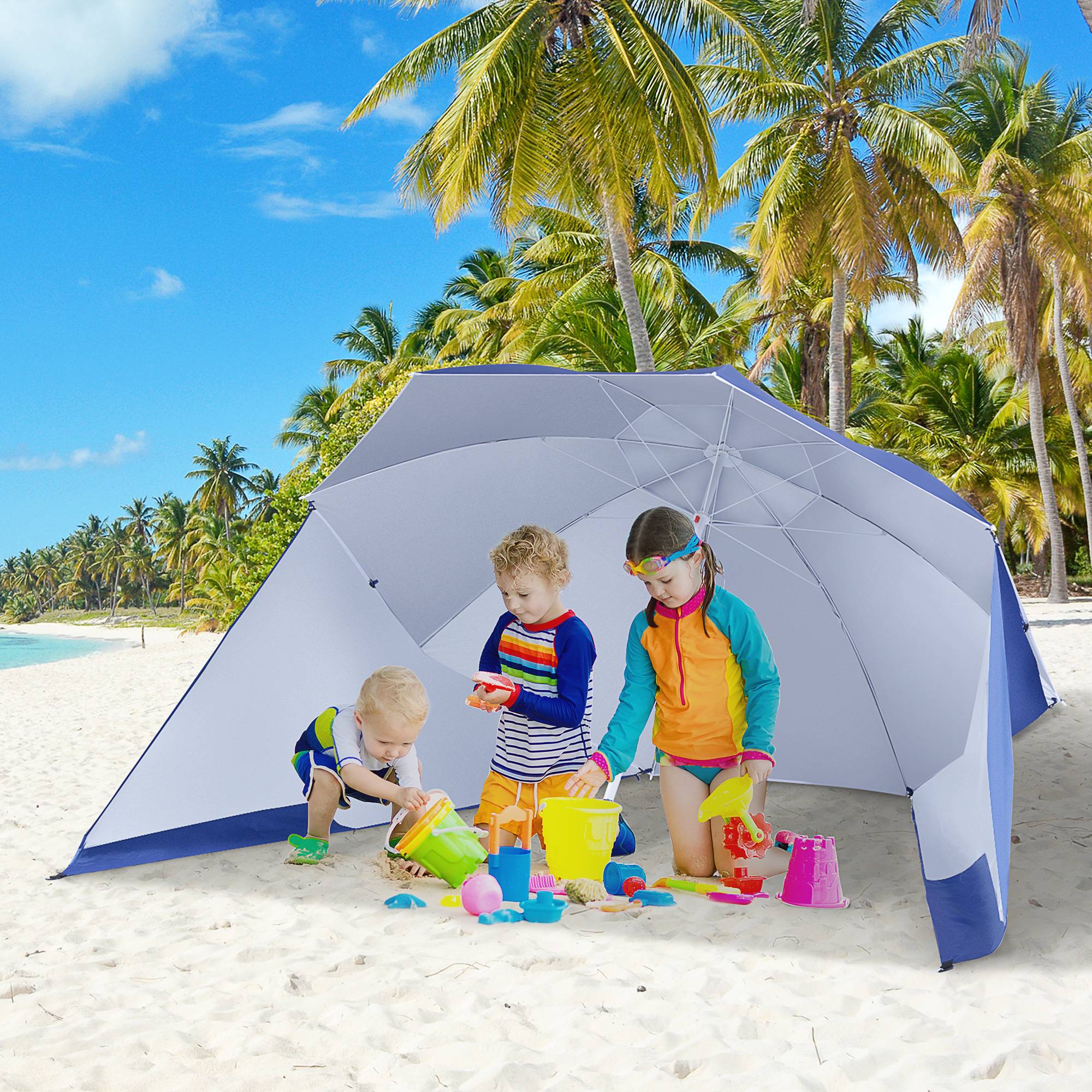 Parasol de plage 2 en 1 avec 2 panneaux latéraux, auvent portable anti-UV avec sac de transport, Ø 210 x 222 cm, bleu - Image 3