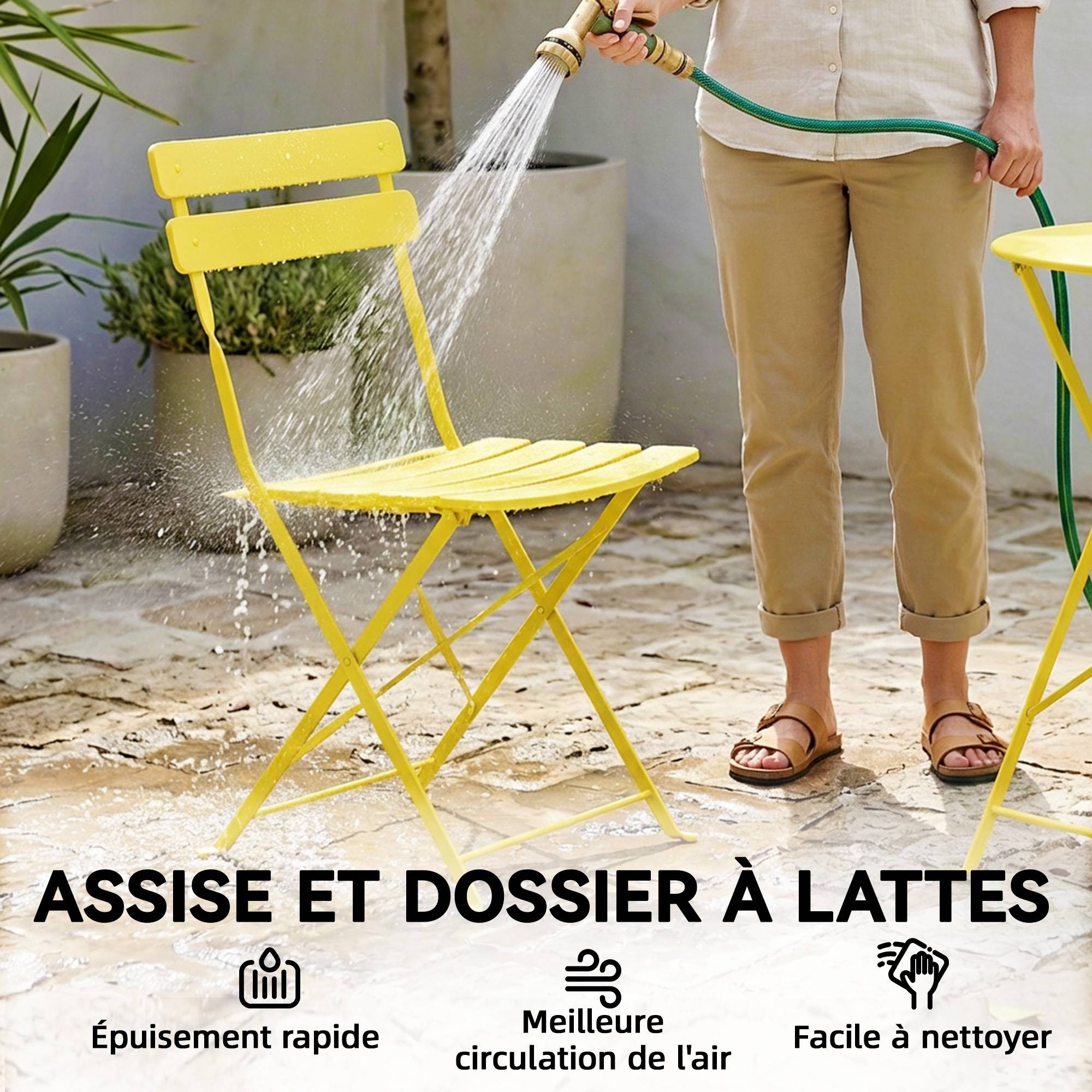Sans Marque - Ensemble Bistrot de Jardin 3 Pièces Table et 2 Chaises Pliantes à Lattes Double Protection Antirouille Jaune - Image 9