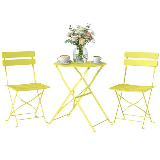 Sans Marque - Ensemble Bistrot de Jardin 3 Pièces Table et 2 Chaises Pliantes à Lattes Double Protection Antirouille Jaune - Image 1