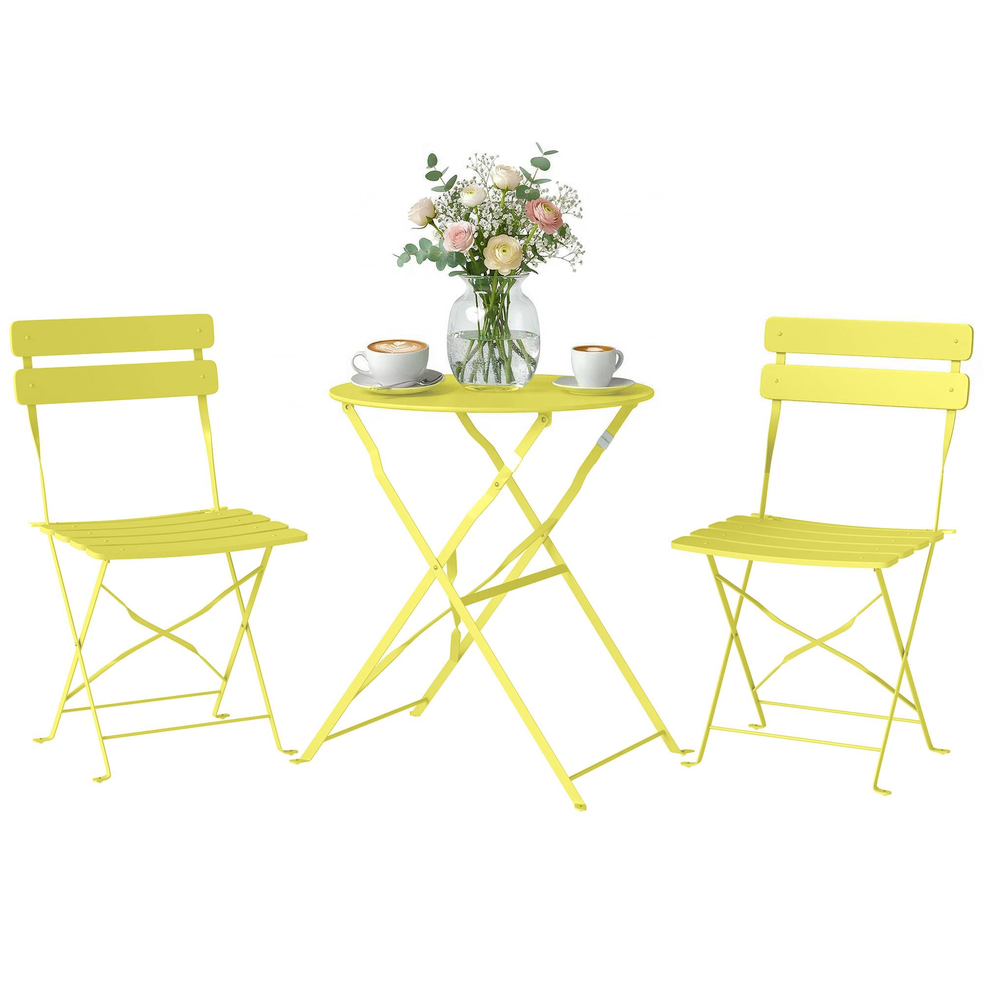 Sans Marque - Ensemble Bistrot de Jardin 3 Pièces Table et 2 Chaises Pliantes à Lattes Double Protection Antirouille Jaune - Image 1
