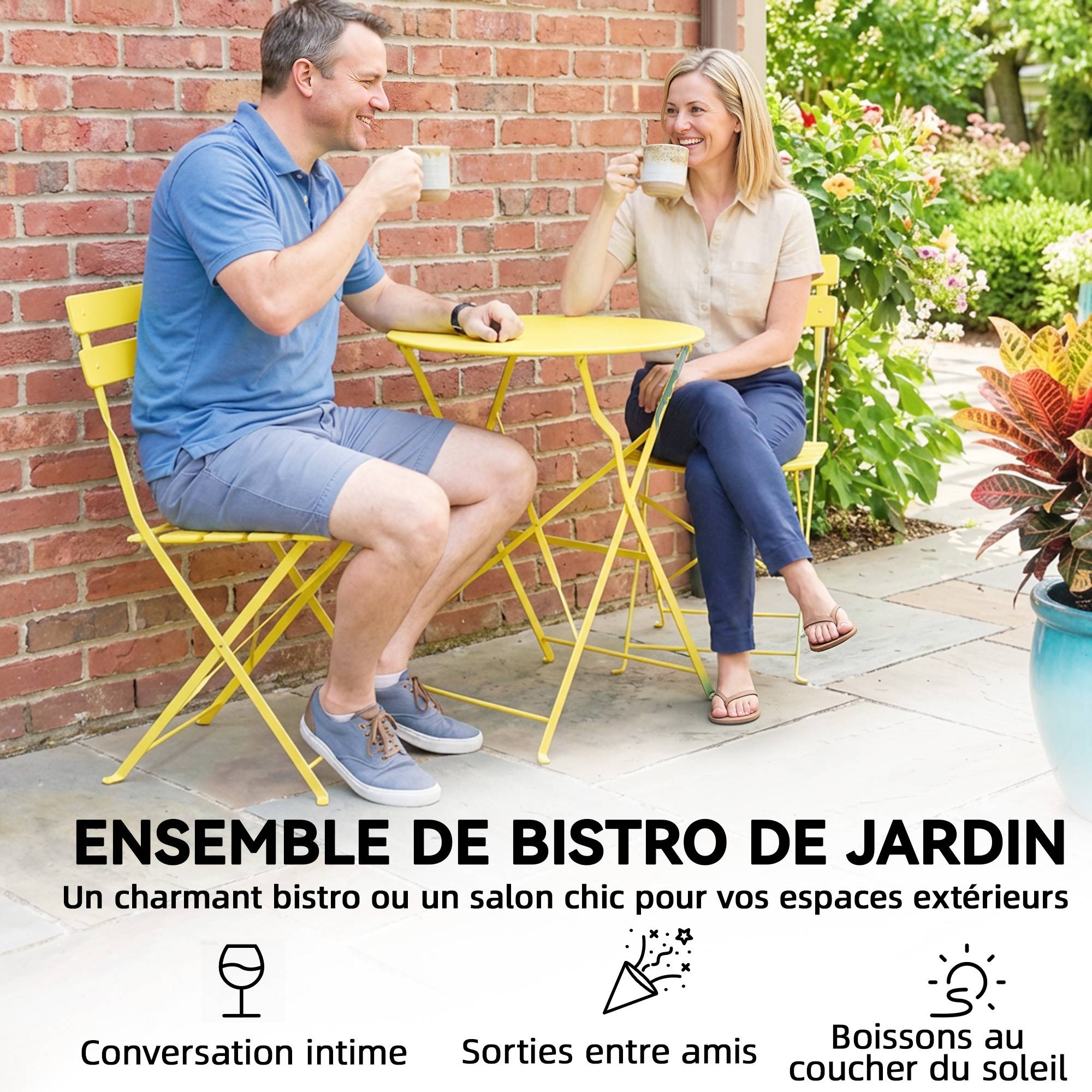 Sans Marque - Ensemble Bistrot de Jardin 3 Pièces Table et 2 Chaises Pliantes à Lattes Double Protection Antirouille Jaune - Image 7