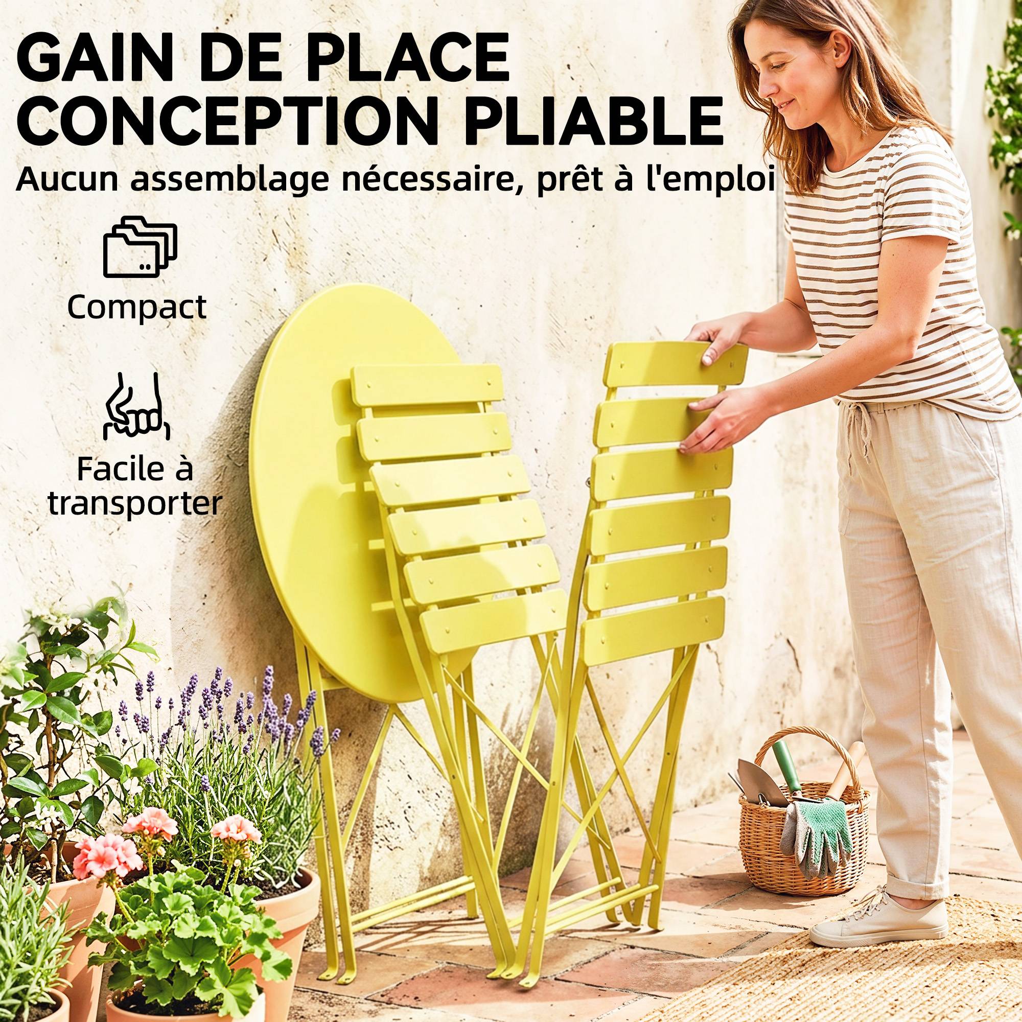 Sans Marque - Ensemble Bistrot de Jardin 3 Pièces Table et 2 Chaises Pliantes à Lattes Double Protection Antirouille Jaune - Image 8