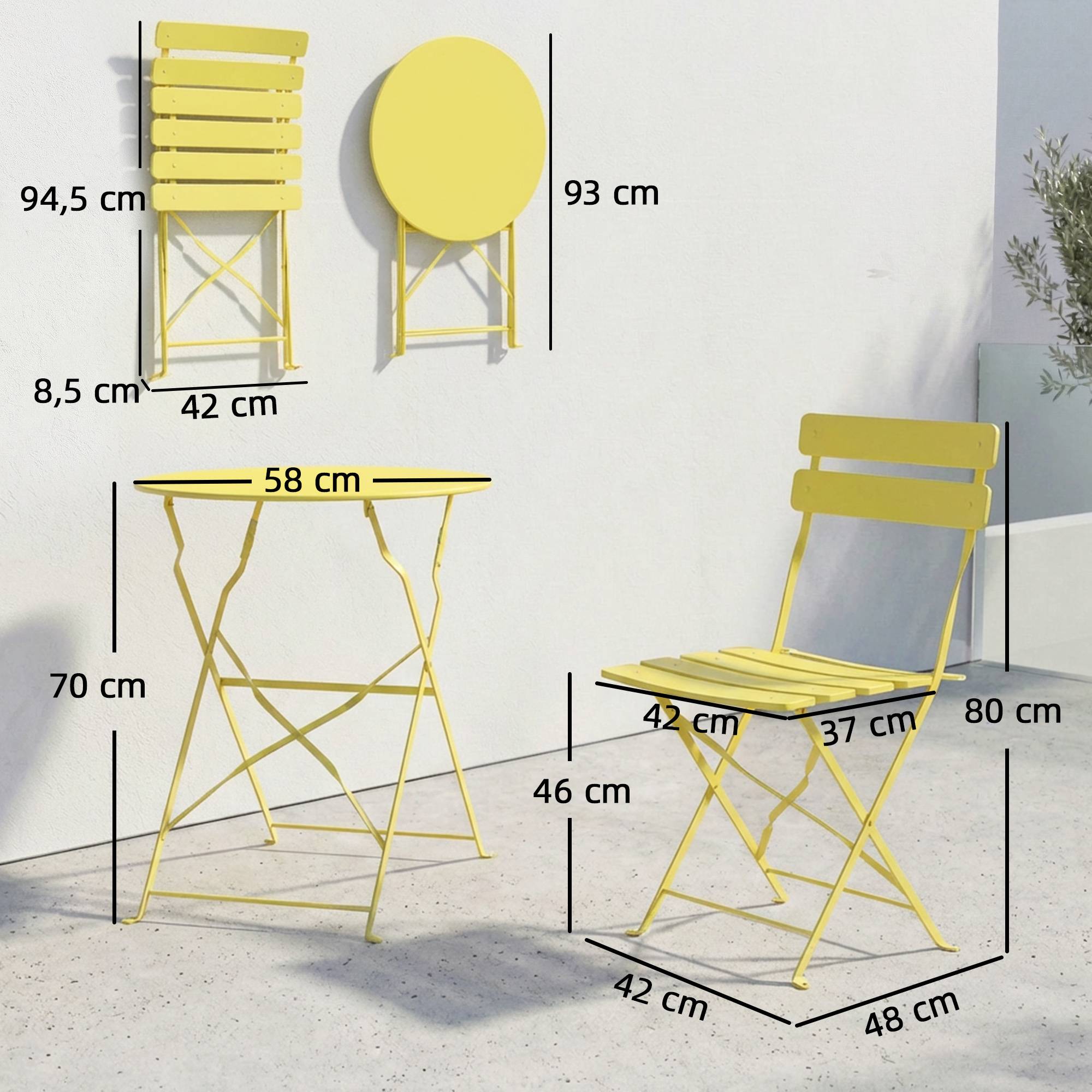 Sans Marque - Ensemble Bistrot de Jardin 3 Pièces Table et 2 Chaises Pliantes à Lattes Double Protection Antirouille Jaune - Image 5