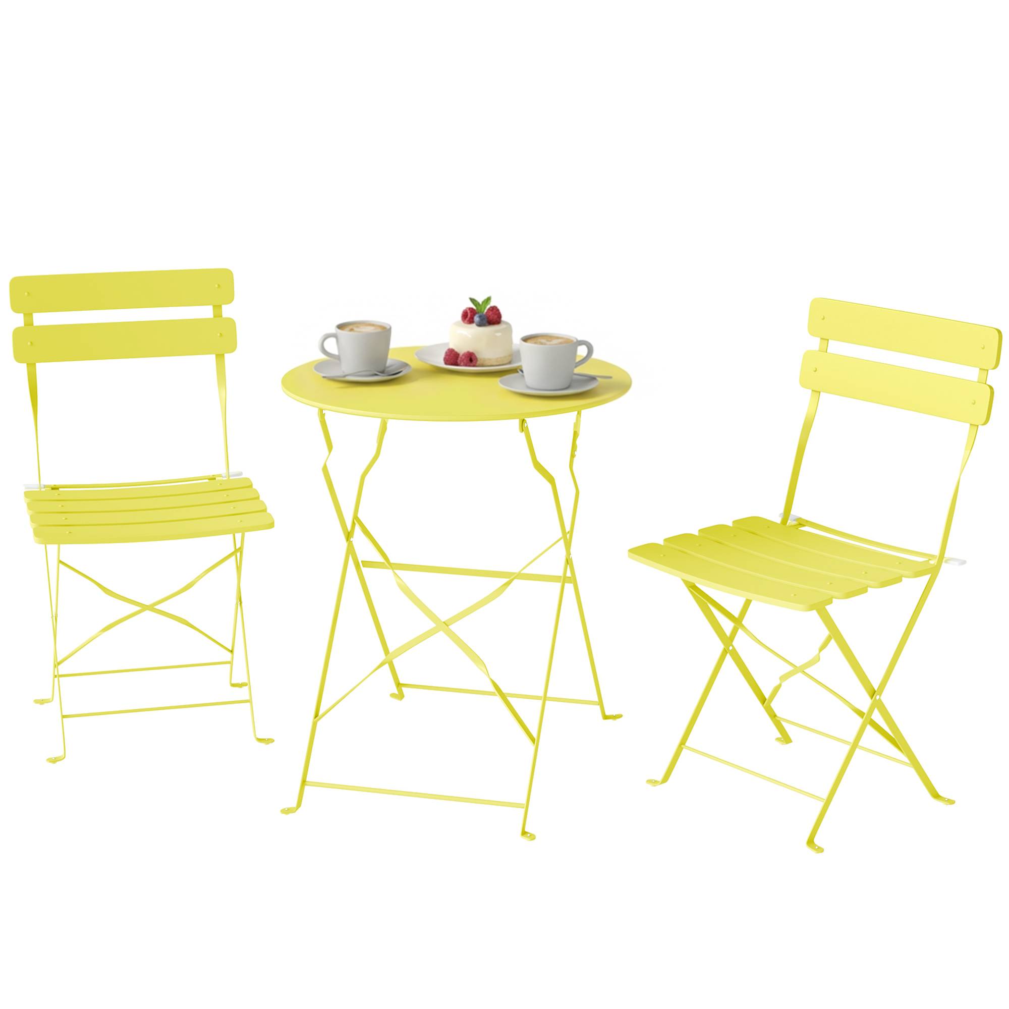 Sans Marque - Ensemble Bistrot de Jardin 3 Pièces Table et 2 Chaises Pliantes à Lattes Double Protection Antirouille Jaune - Image 2