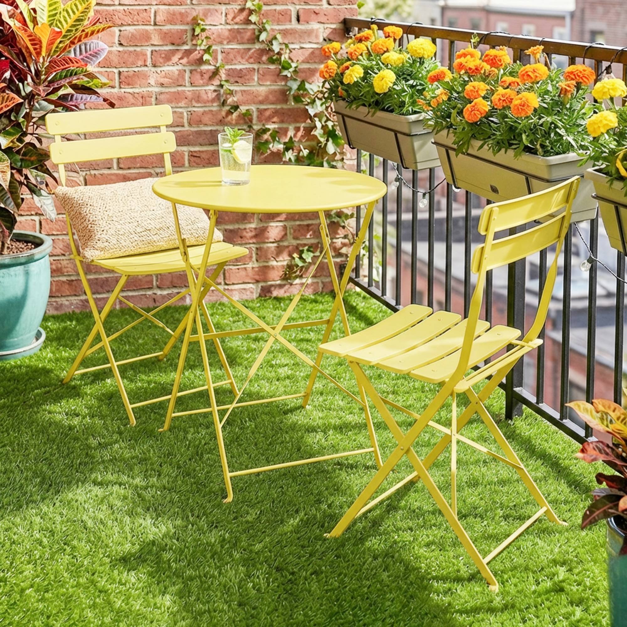 Sans Marque - Ensemble Bistrot de Jardin 3 Pièces Table et 2 Chaises Pliantes à Lattes Double Protection Antirouille Jaune - Image 4