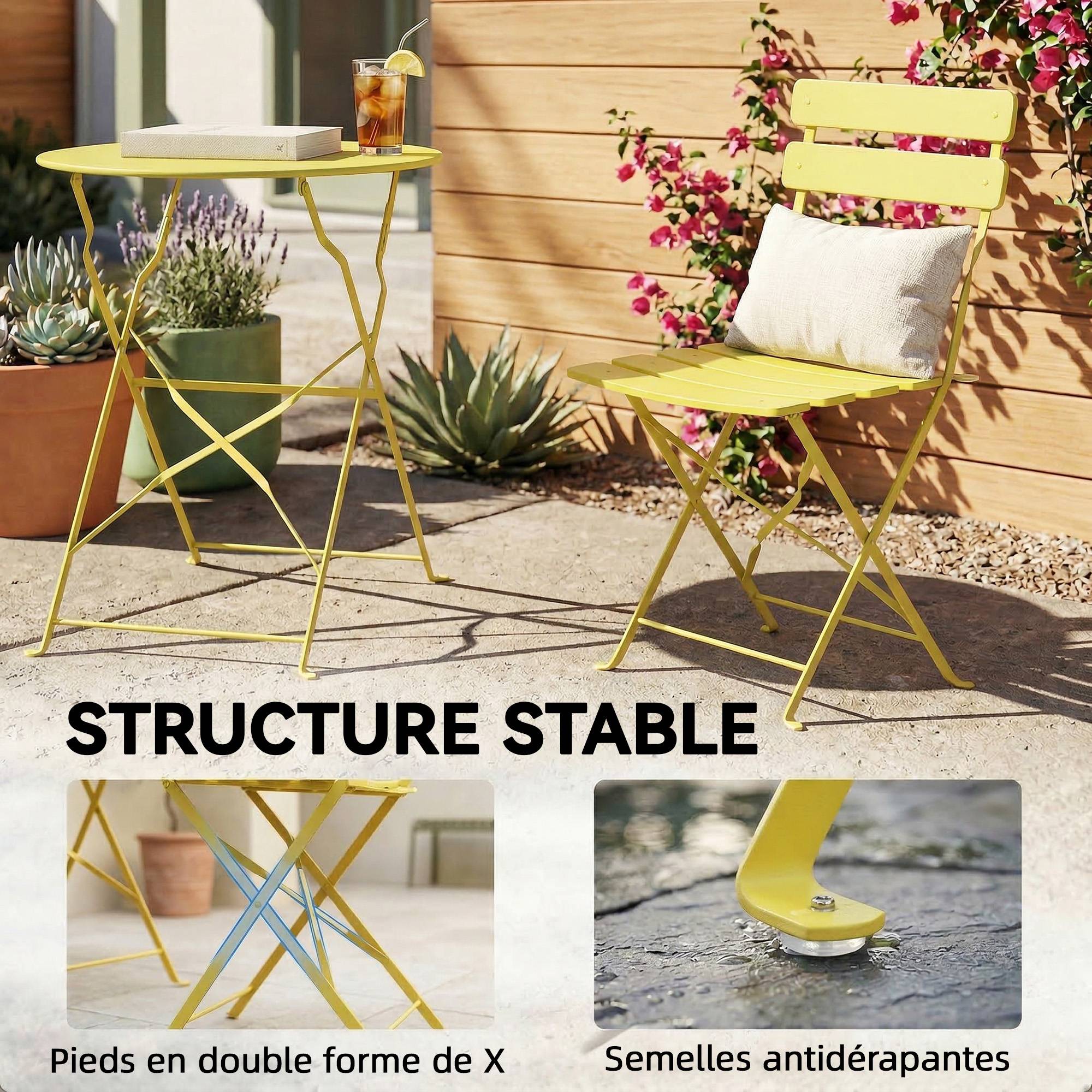 Sans Marque - Ensemble Bistrot de Jardin 3 Pièces Table et 2 Chaises Pliantes à Lattes Double Protection Antirouille Jaune - Image 10