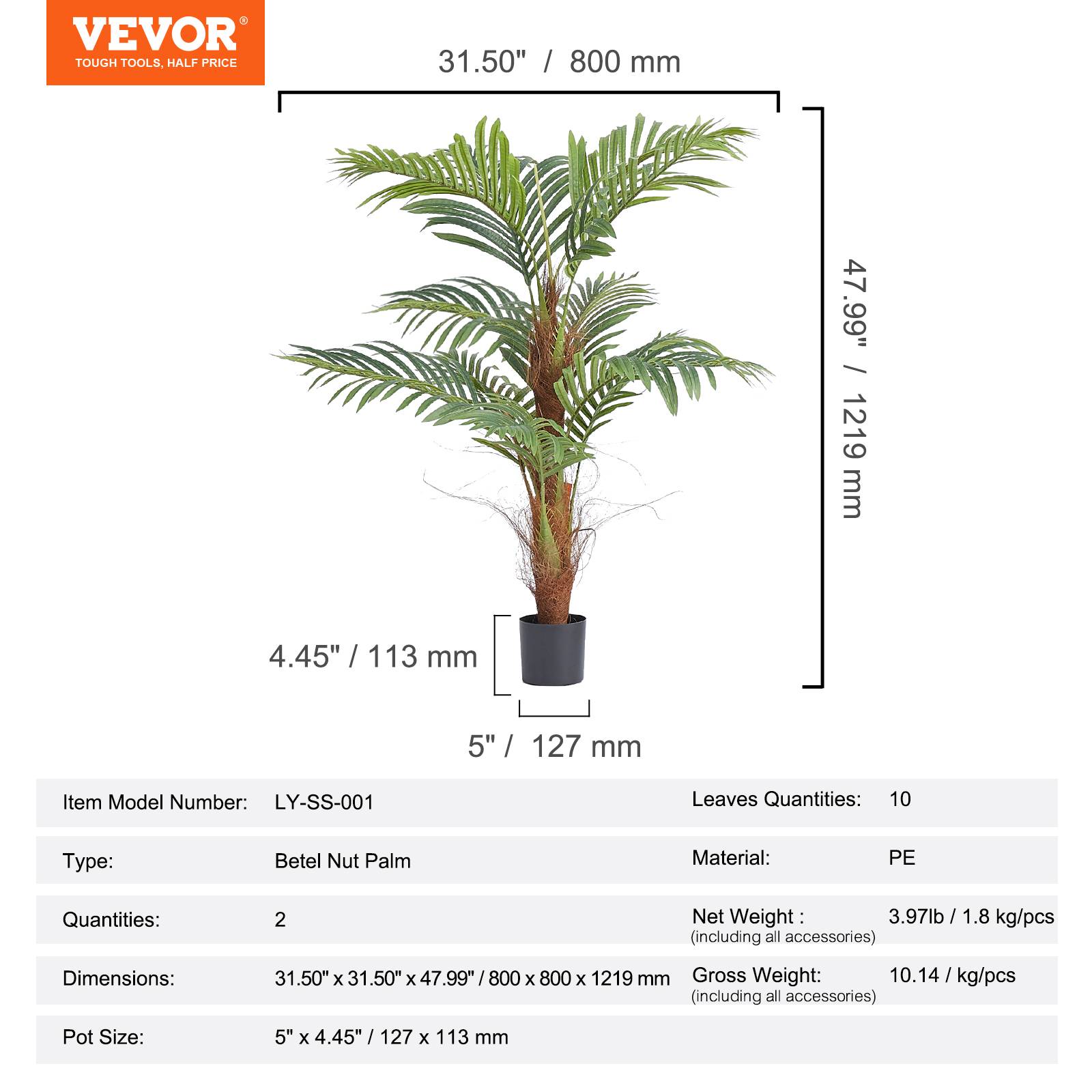 VEVOR Arbre artificiel palmier 1219 mm, 2 plantes PE, pot 127x113 mm. Décoration intérieur/extérieur. - Image 7