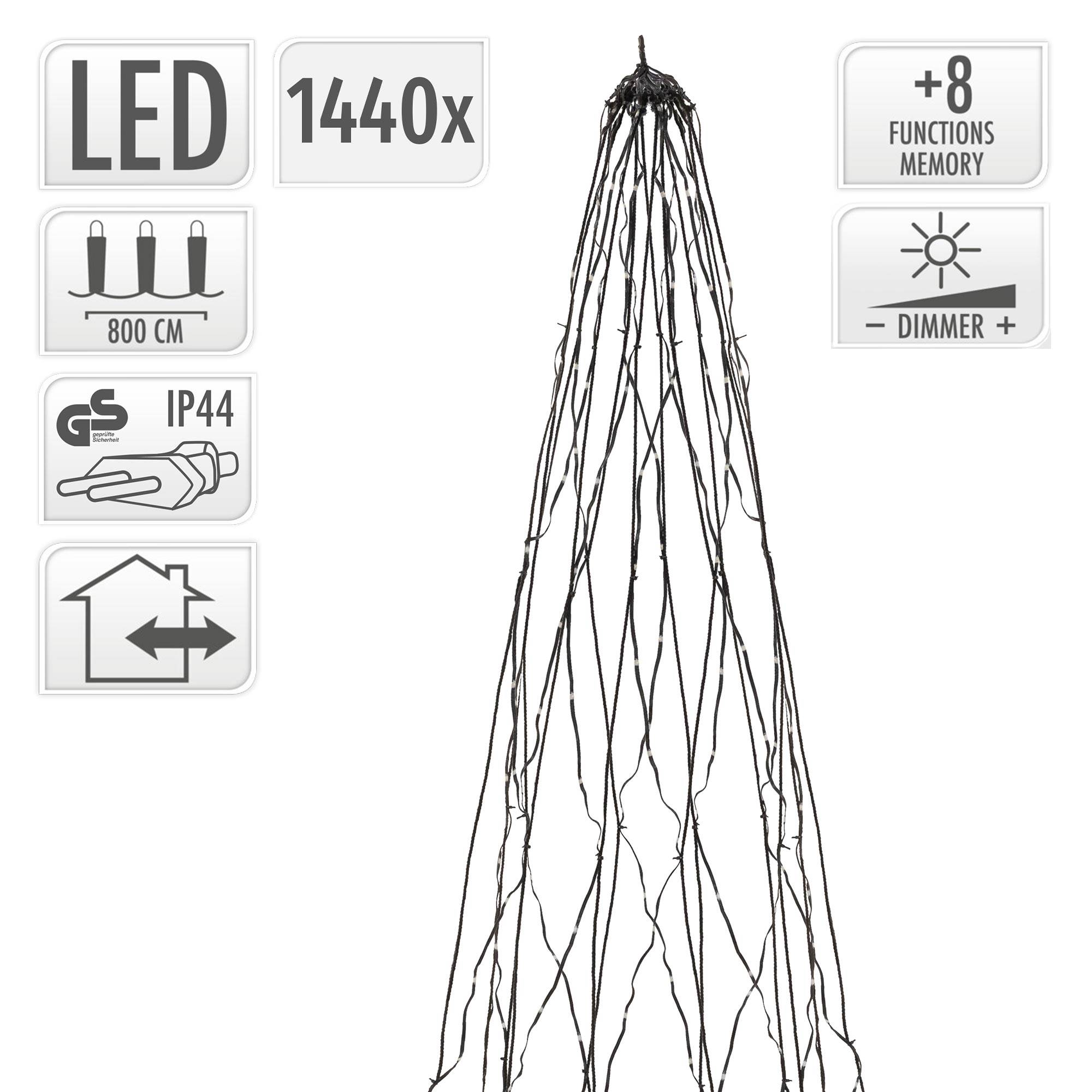 Ecd-Germany - Guirlande lumineuse LED pour mât forme sapin de Noël lumineux, 8 m, 1440 LEDs lumière blanc chaud, minuterie, 8 modes, avec télécommande, d'extérieur - Image 3