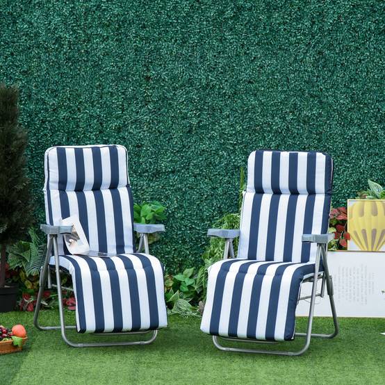 Lot de 2 chaises jardin pliables avec accoudoirs, 5 positions, coussin bleu, 60 x 75 x 102 cm - Image 4