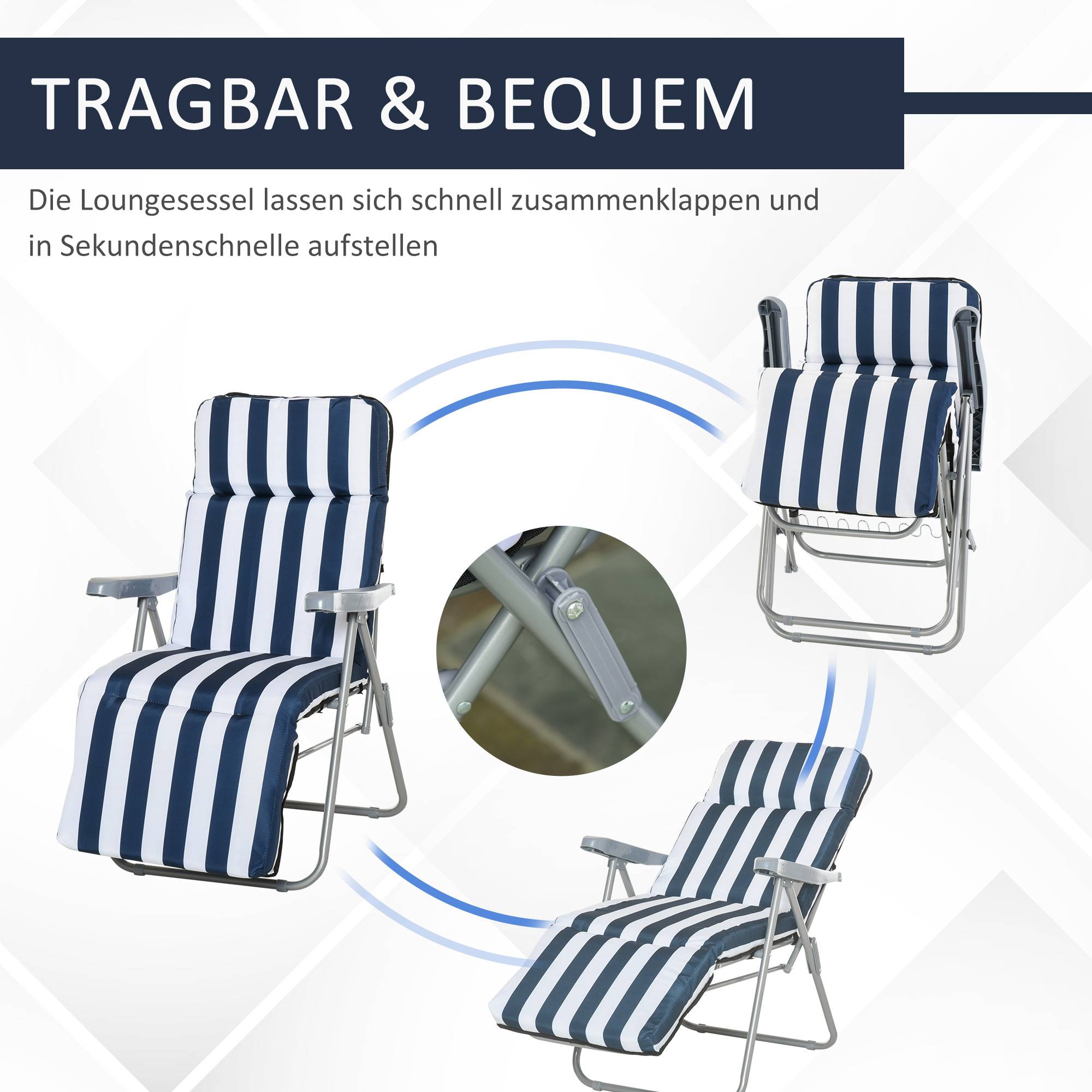 Lot de 2 chaises jardin pliables avec accoudoirs, 5 positions, coussin bleu, 60 x 75 x 102 cm - Image 8