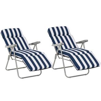 Lot de 2 chaises jardin pliables avec accoudoirs, 5 positions, coussin bleu, 60 x 75 x 102 cm