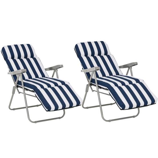 Lot de 2 chaises jardin pliables avec accoudoirs, 5 positions, coussin bleu, 60 x 75 x 102 cm - Image 1