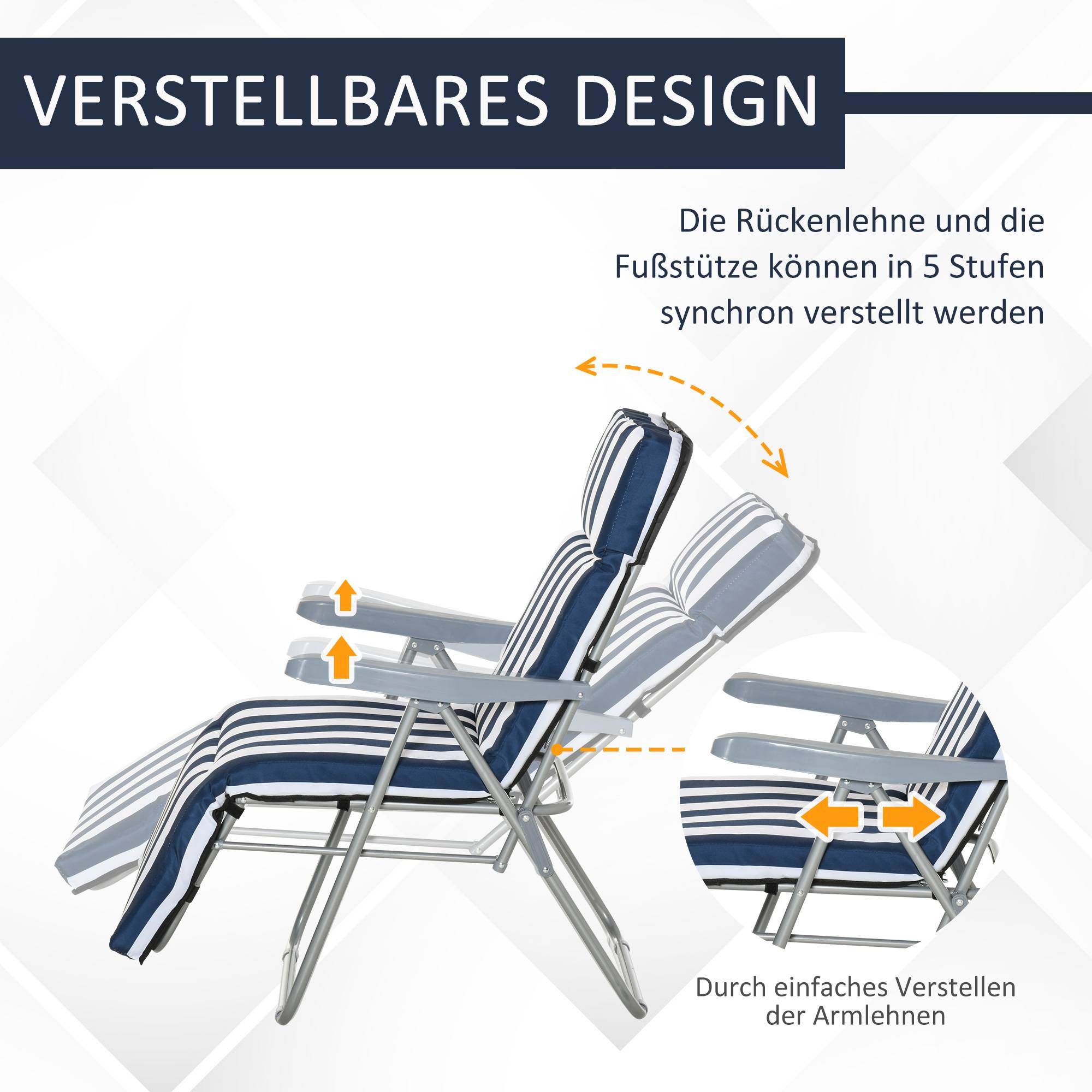 Lot de 2 chaises jardin pliables avec accoudoirs, 5 positions, coussin bleu, 60 x 75 x 102 cm - Image 6