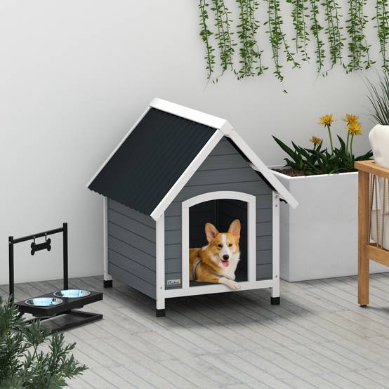 Niche extérieure bois massif pour chien abri surélevé plancher amovible 75x88x82cm gris - ComfortXL Outdoor Living - Image 4