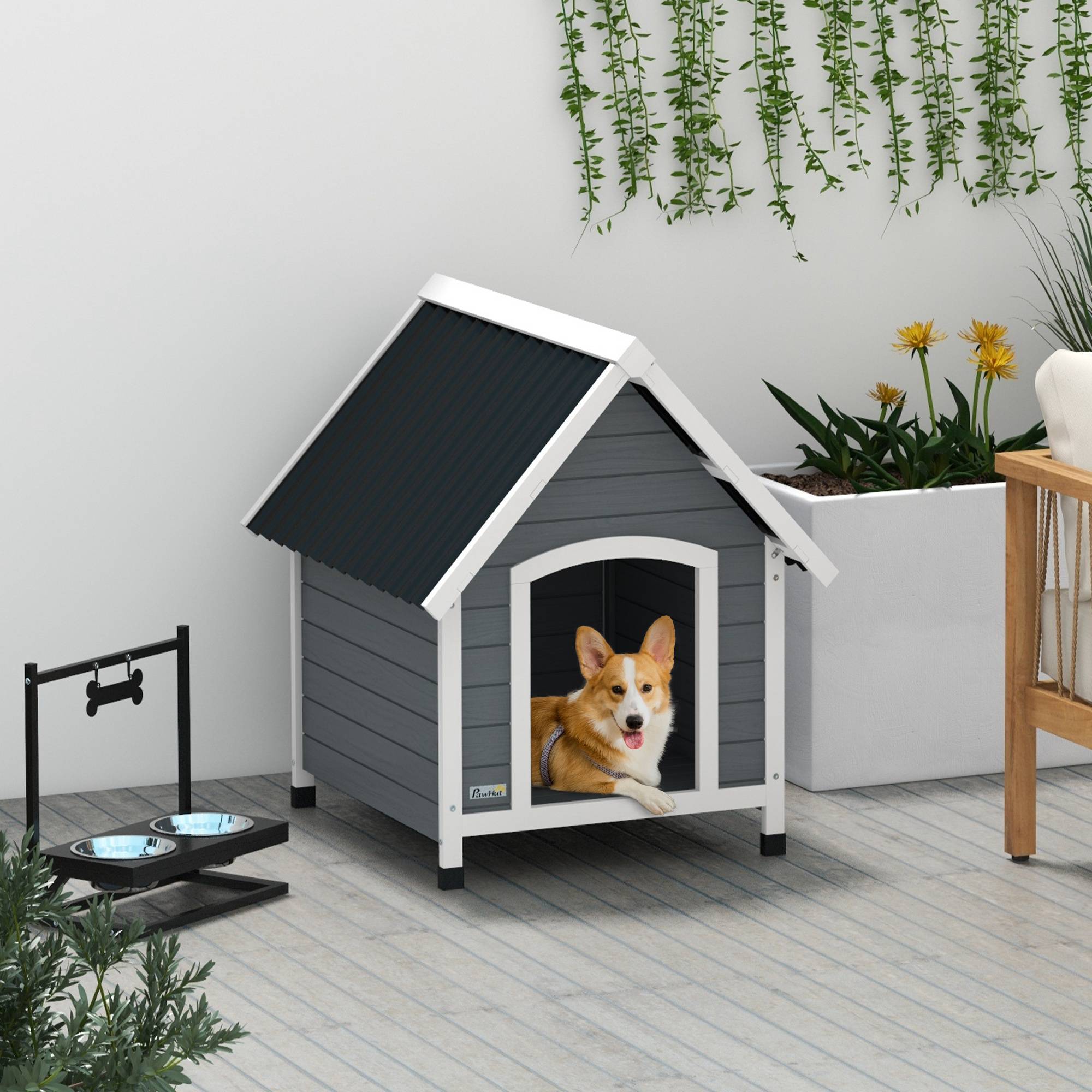 Niche extérieure bois massif pour chien abri surélevé plancher amovible 75x88x82cm gris - ComfortXL Outdoor Living - Image 4