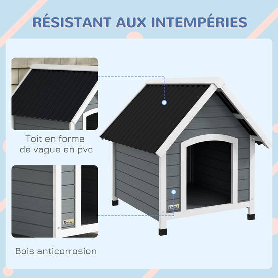 Niche extérieure bois massif pour chien abri surélevé plancher amovible 75x88x82cm gris - ComfortXL Outdoor Living - Image 8