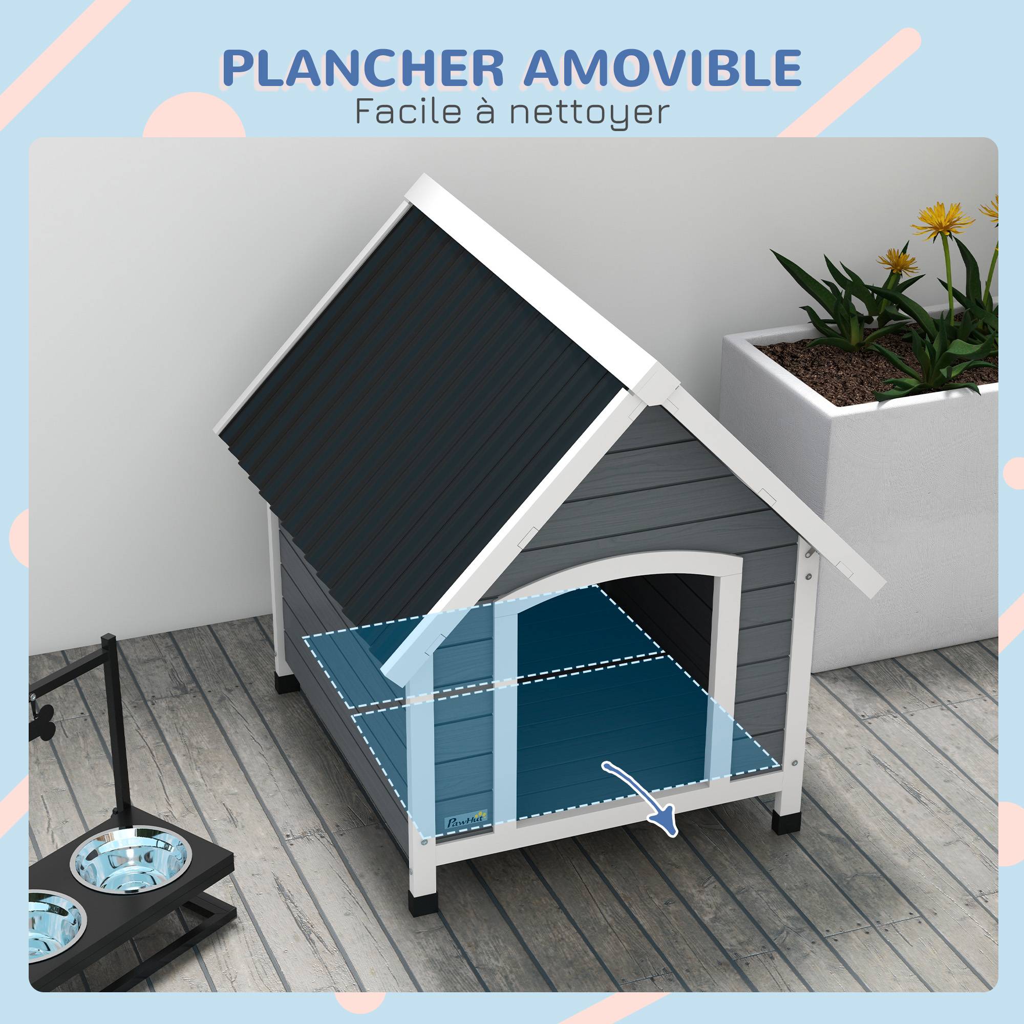 Niche extérieure bois massif pour chien abri surélevé plancher amovible 75x88x82cm gris - ComfortXL Outdoor Living - Image 7
