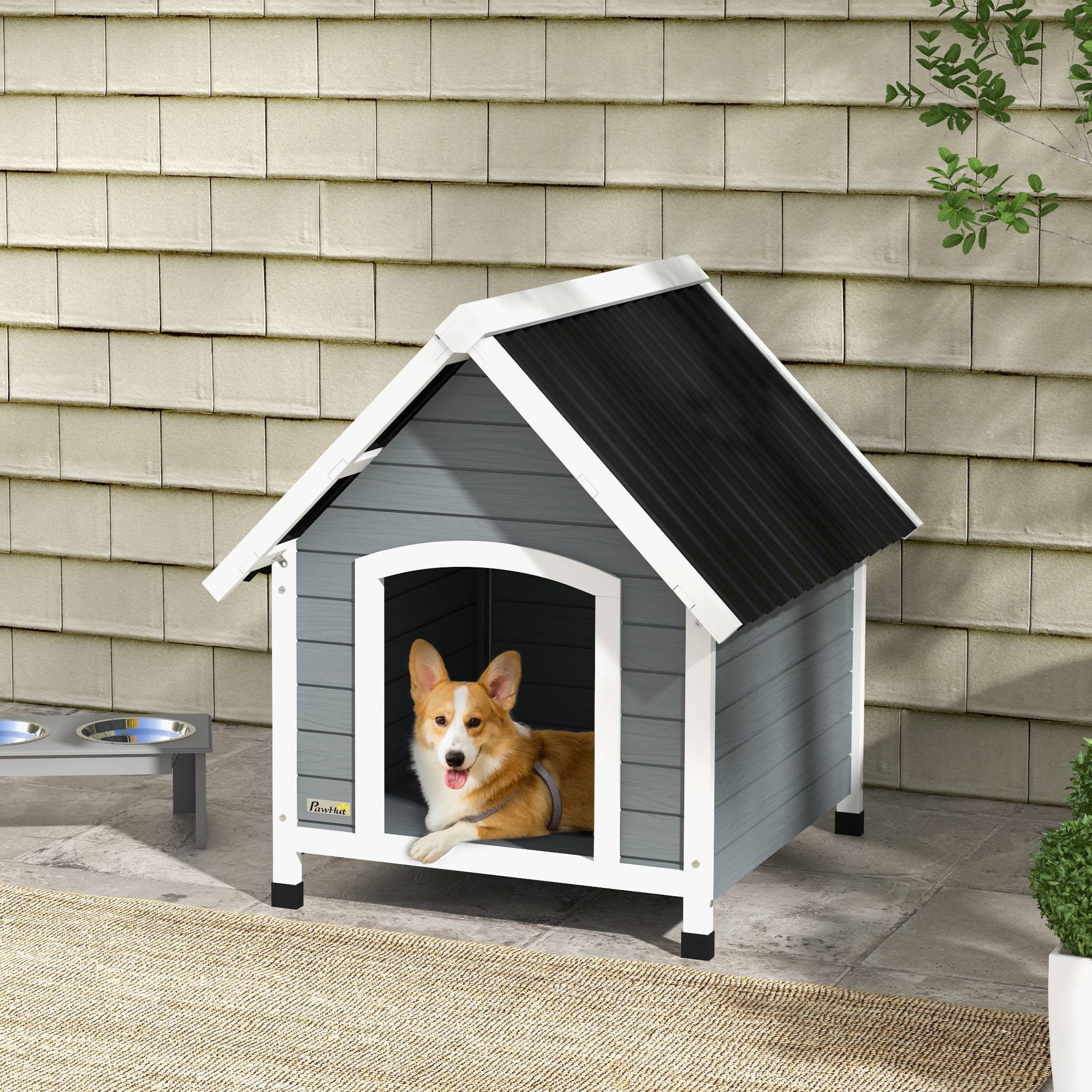 Niche extérieure bois massif pour chien abri surélevé plancher amovible 75x88x82cm gris - ComfortXL Outdoor Living - Image 3