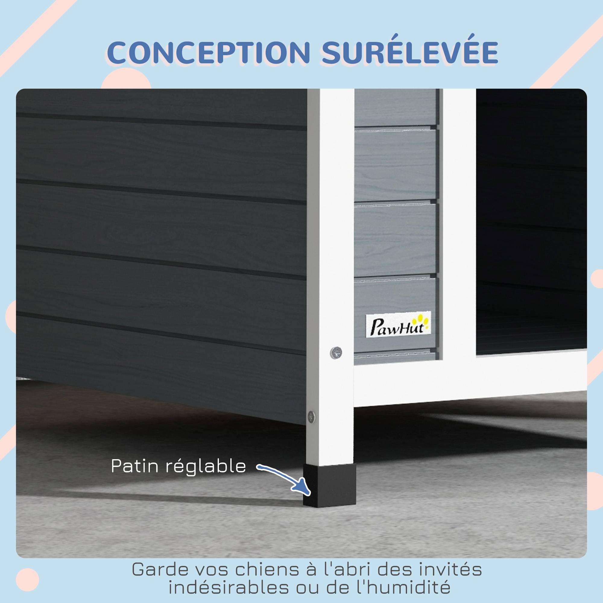 Niche extérieure bois massif pour chien abri surélevé plancher amovible 75x88x82cm gris - ComfortXL Outdoor Living - Image 9