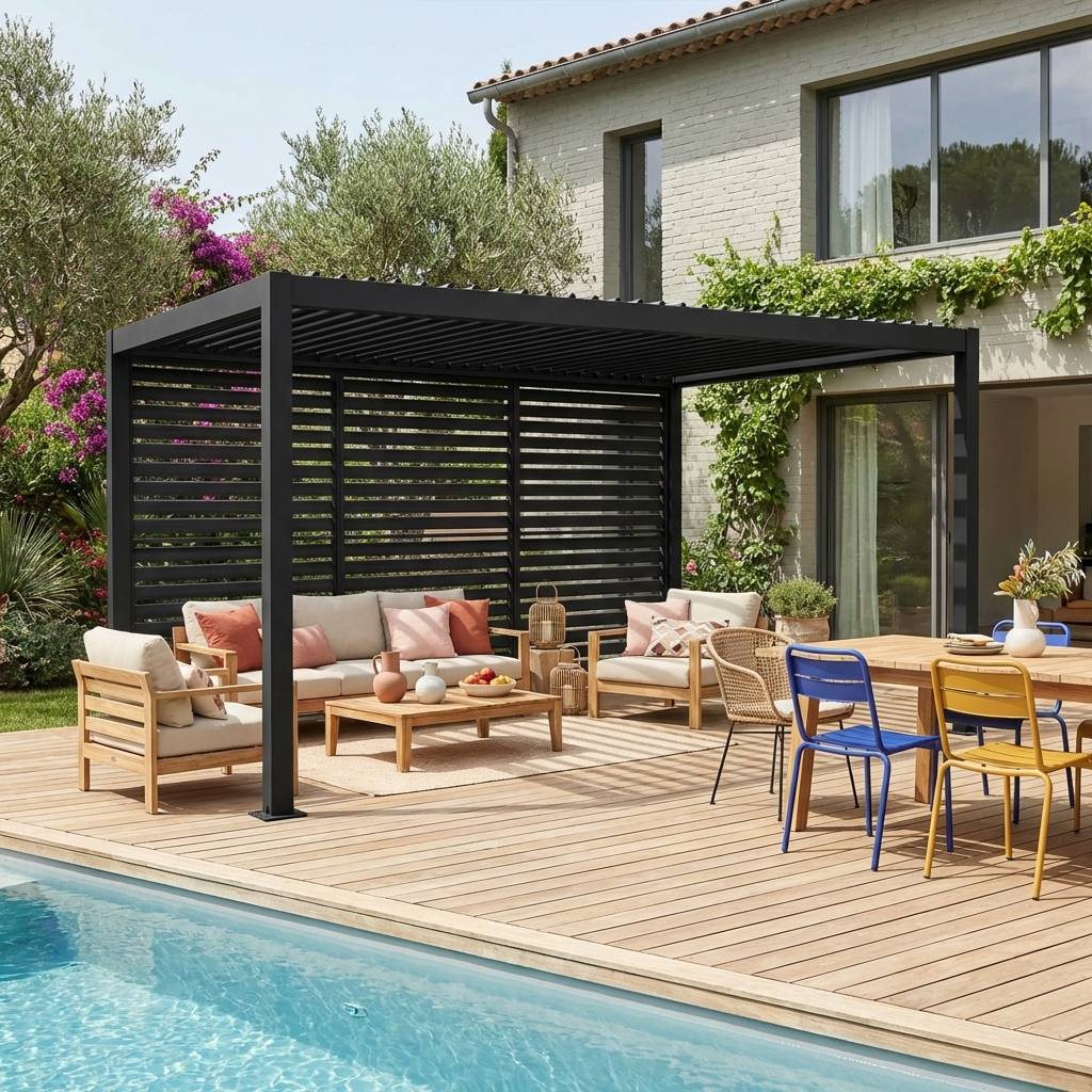 Pergola bioclimatique aluminium et acier 4x3m + 3 persiennes 130cm anthracite Palace | sweeek - Image 1