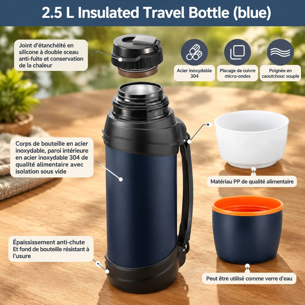 Bouteille Acier Inoxydable Bleue 2,5 Litres - Image 3