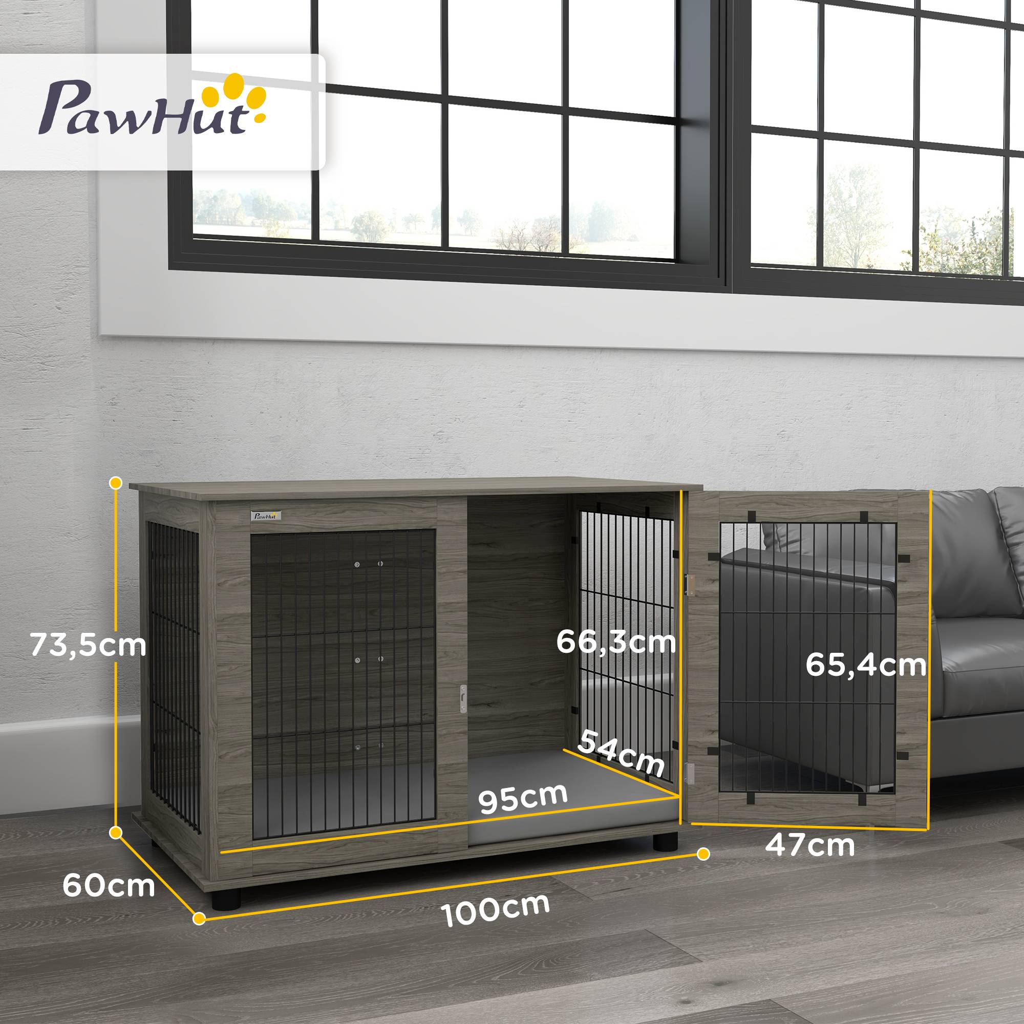Sans Marque - Cage pour chien 2 en 1 table d'appoint avec coussin en peluche déhoussable porte verrouillable 100 x 60 x 73,5 cm gris - Image 5
