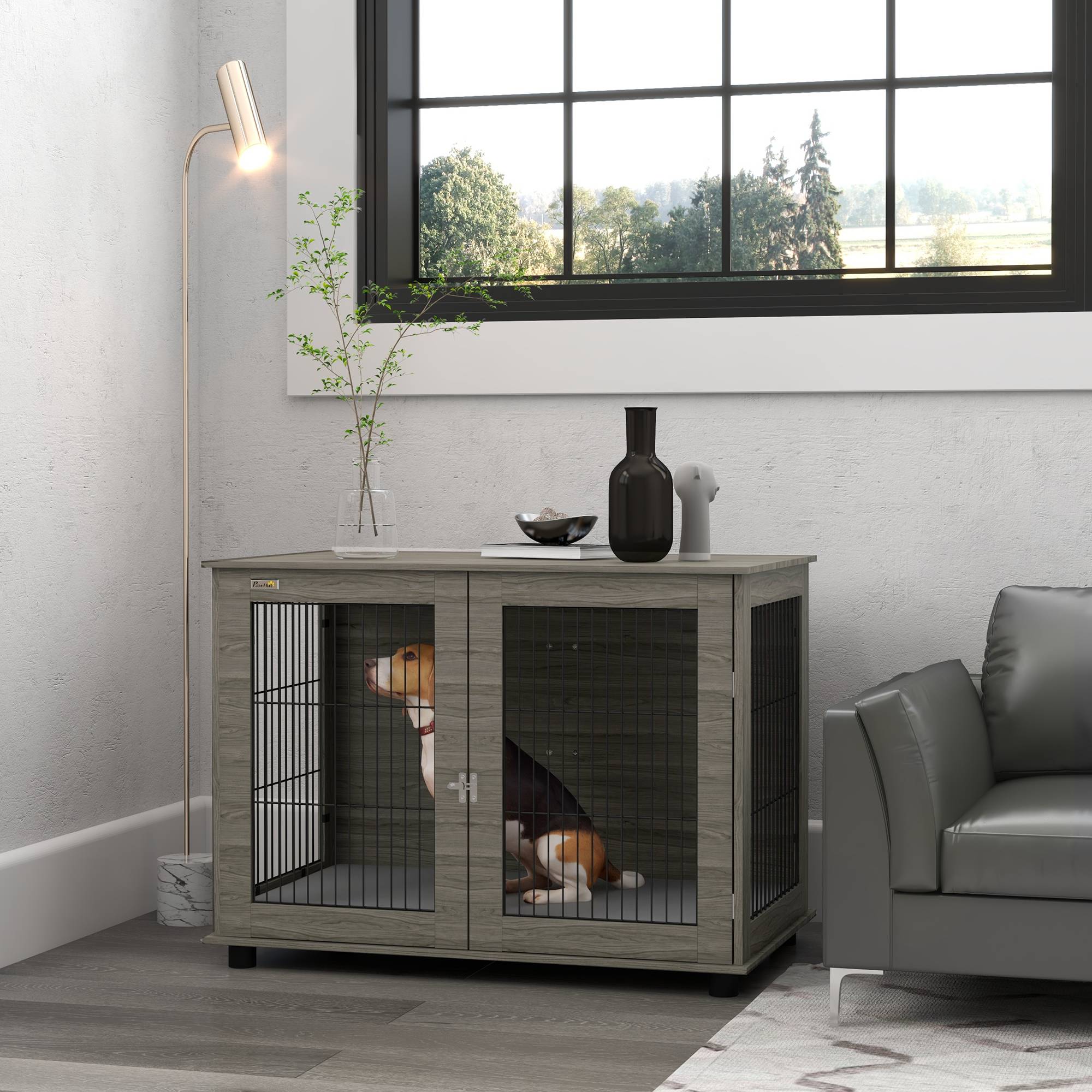 Sans Marque - Cage pour chien 2 en 1 table d'appoint avec coussin en peluche déhoussable porte verrouillable 100 x 60 x 73,5 cm gris - Image 4