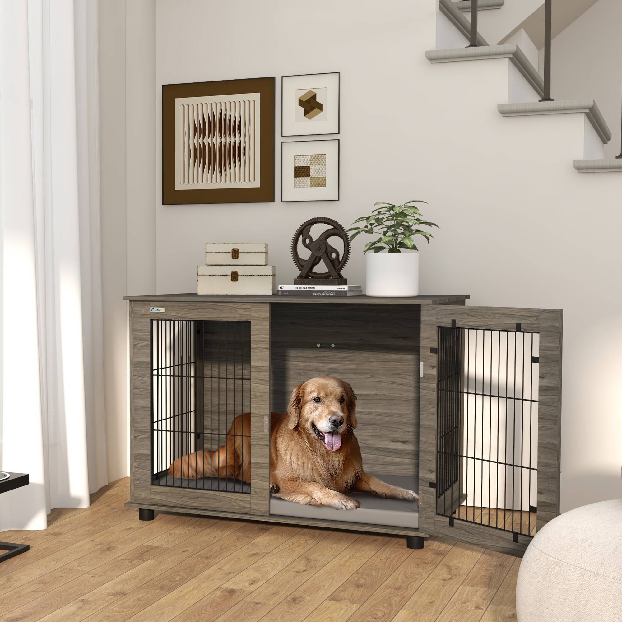 Sans Marque - Cage pour chien 2 en 1 table d'appoint avec coussin en peluche déhoussable porte verrouillable 100 x 60 x 73,5 cm gris - Image 3