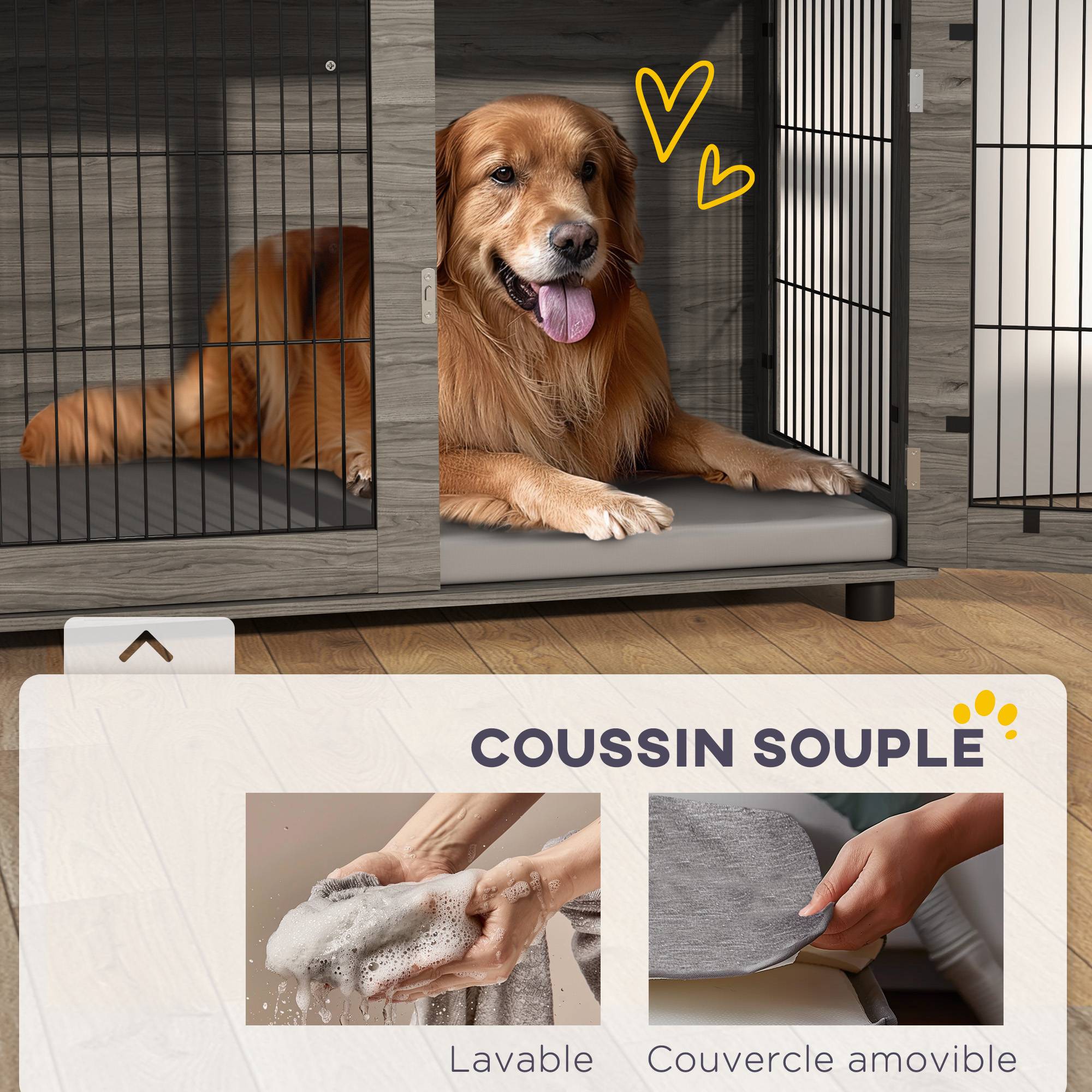 Sans Marque - Cage pour chien 2 en 1 table d'appoint avec coussin en peluche déhoussable porte verrouillable 100 x 60 x 73,5 cm gris - Image 9
