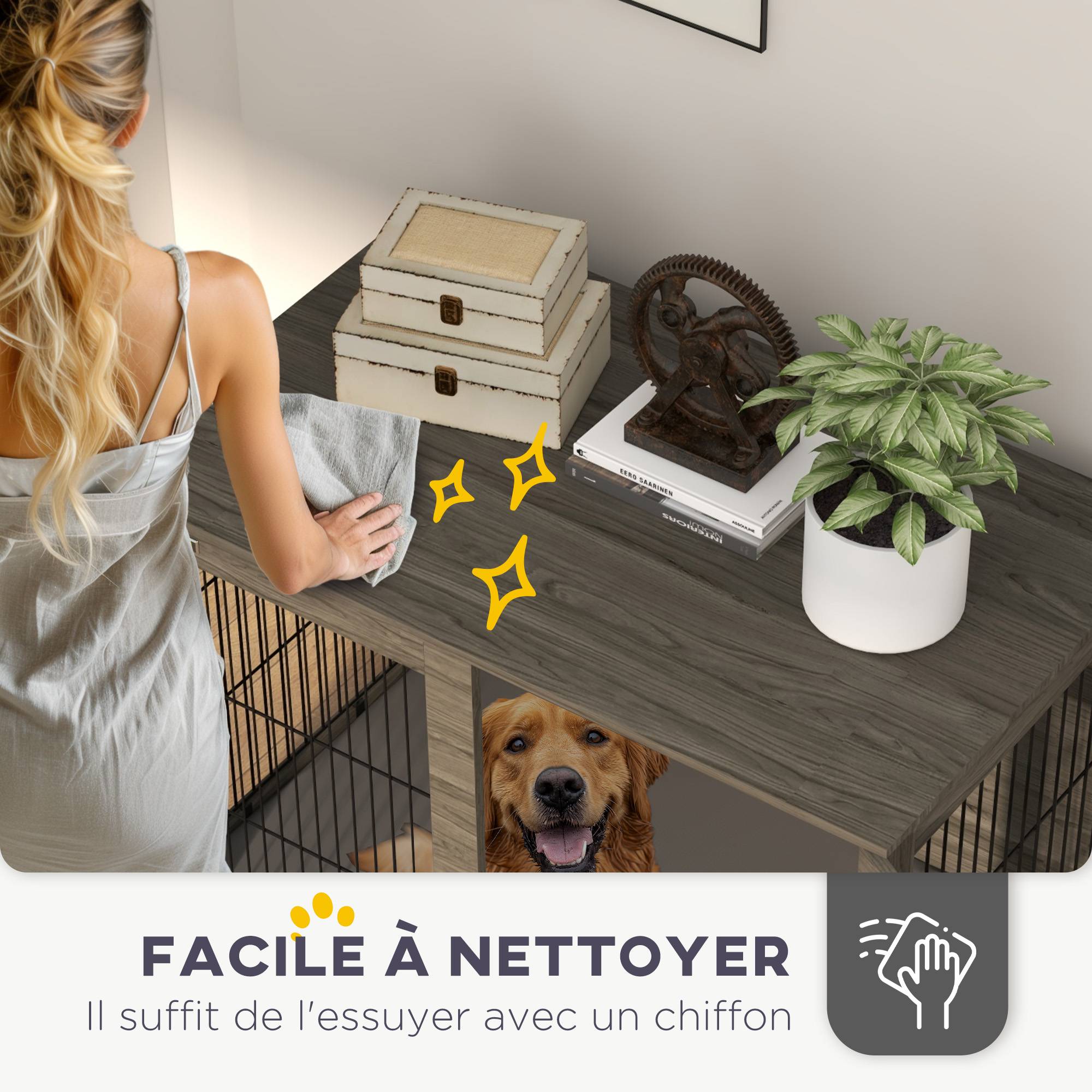 Sans Marque - Cage pour chien 2 en 1 table d'appoint avec coussin en peluche déhoussable porte verrouillable 100 x 60 x 73,5 cm gris - Image 10