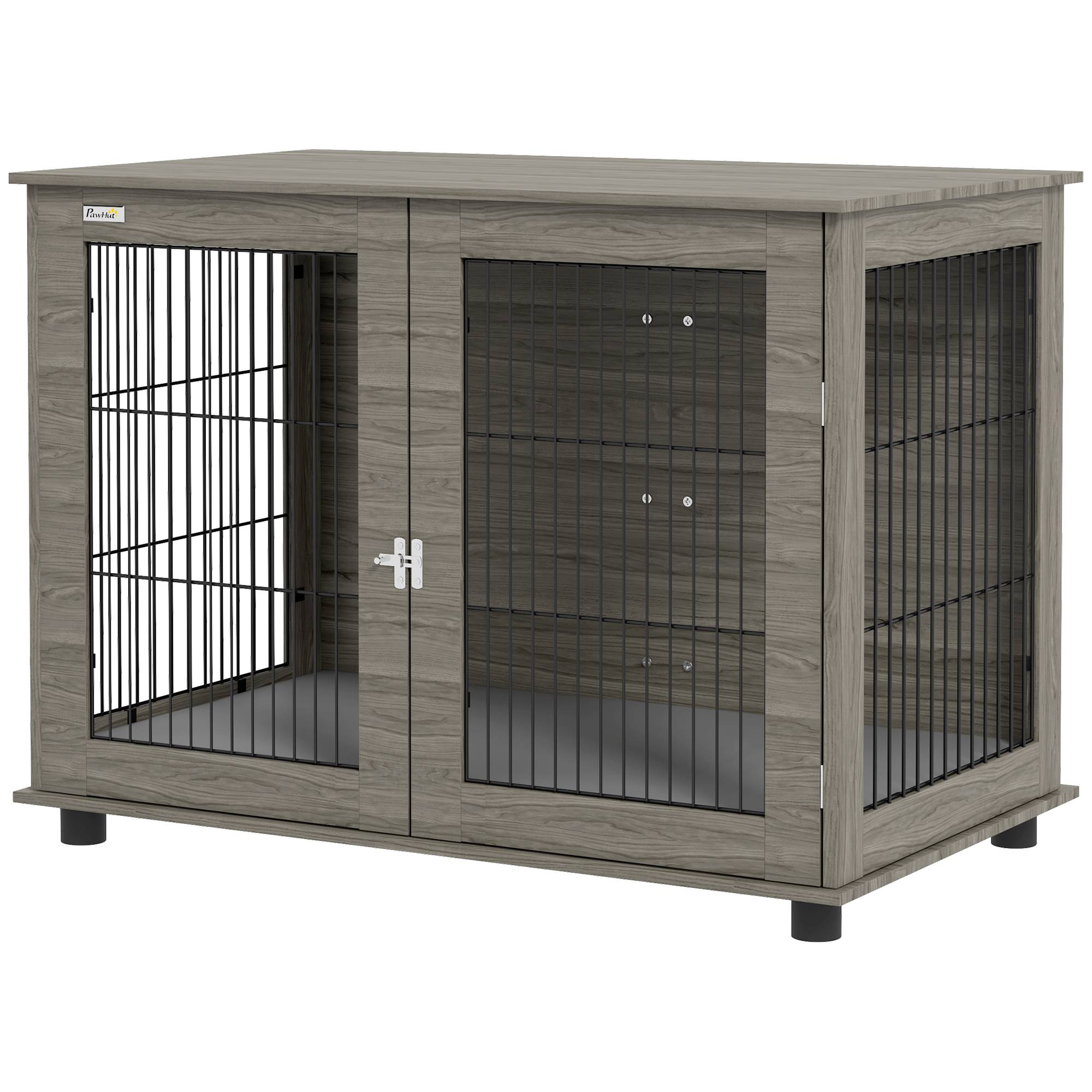 Sans Marque - Cage pour chien 2 en 1 table d'appoint avec coussin en peluche déhoussable porte verrouillable 100 x 60 x 73,5 cm gris - Image 2