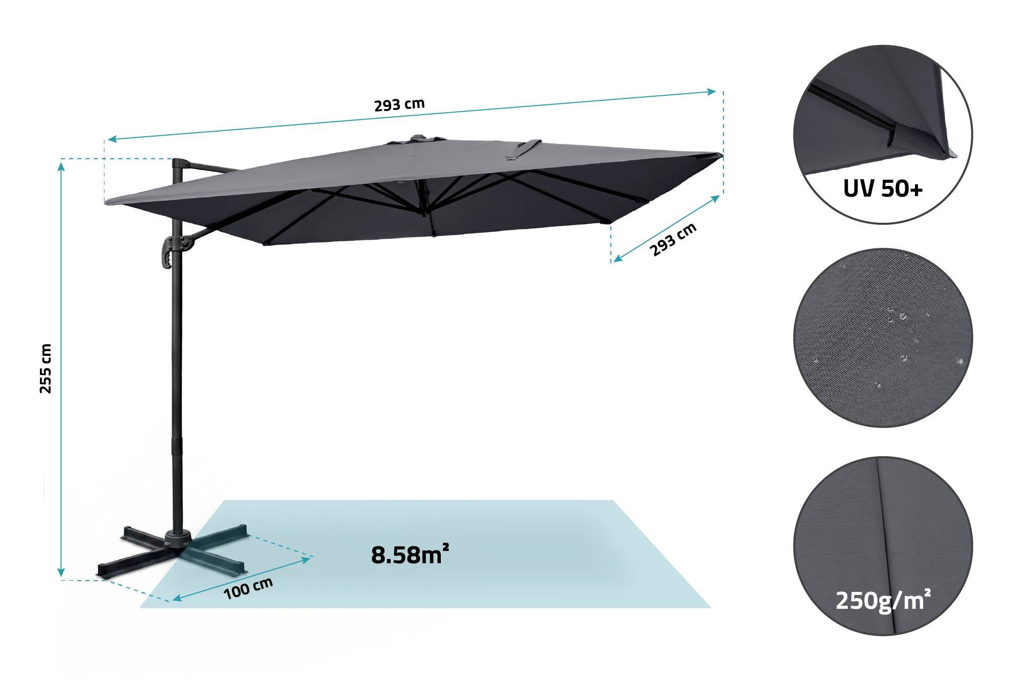 Cazeboo Parasol déporté 3x3 m NAVAGIO en aluminium - Rotatif 360° inclinable - Gris - Image 2