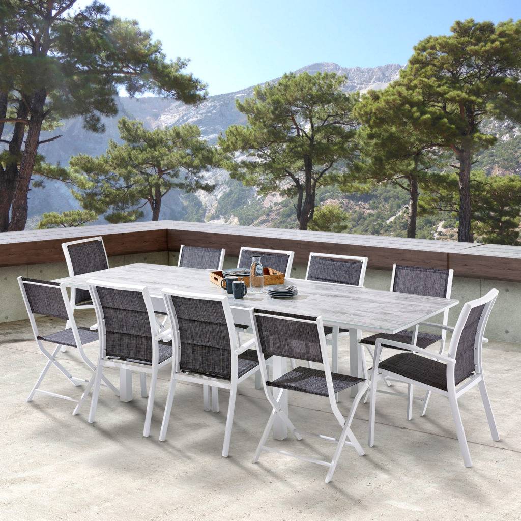 Wilsa Garden - Table Modulo 6/10 personnes structure aluminium blanche, plateau en verre décors bois - Image 1