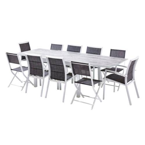 Wilsa Garden - Table Modulo 6/10 personnes structure aluminium blanche, plateau en verre décors bois - Image 6