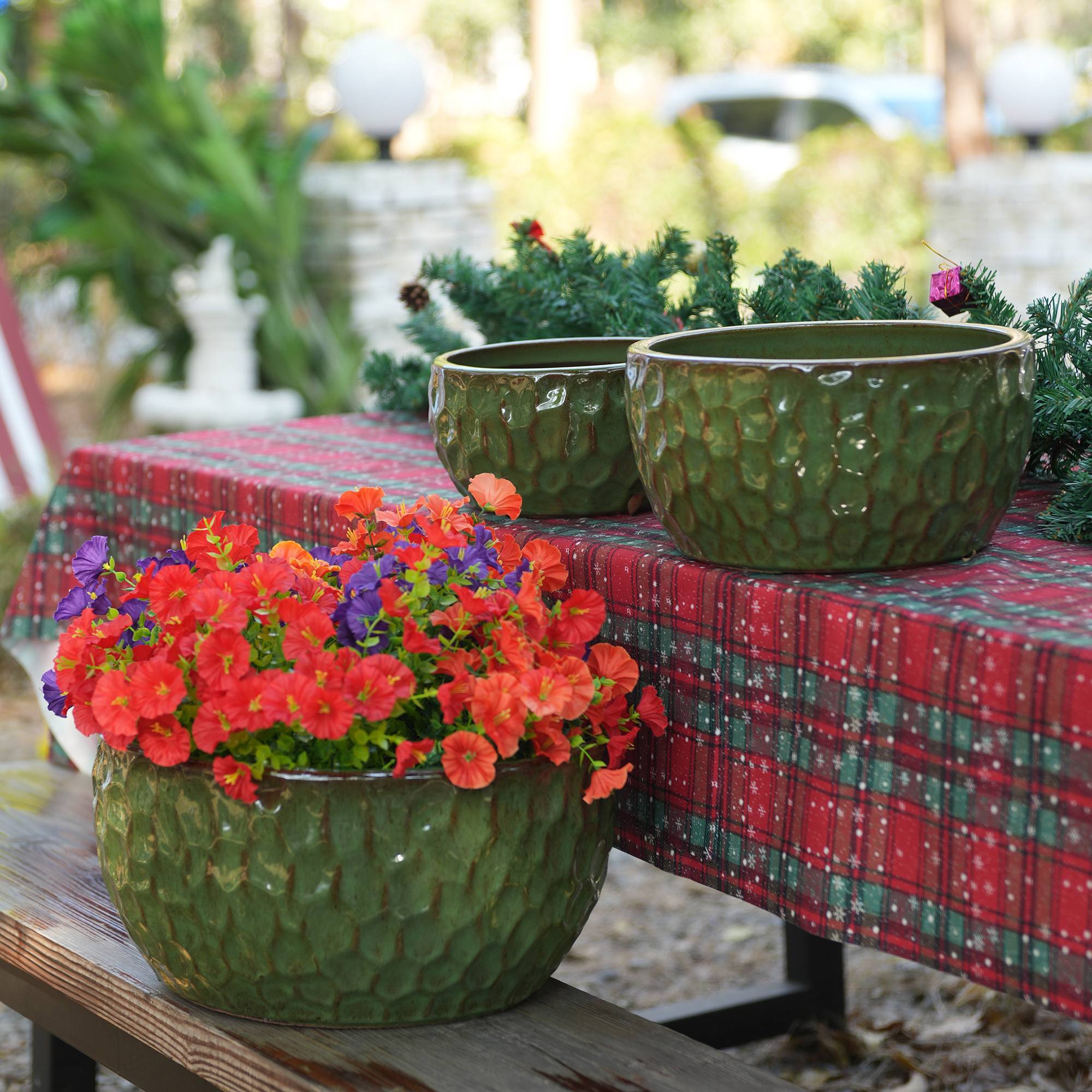 Lot 3 Pots de Fleurs Céramique Effet Martelé Intérieur Extérieur Drainage Vert - ComfortXL Outdoor Living - Image 10