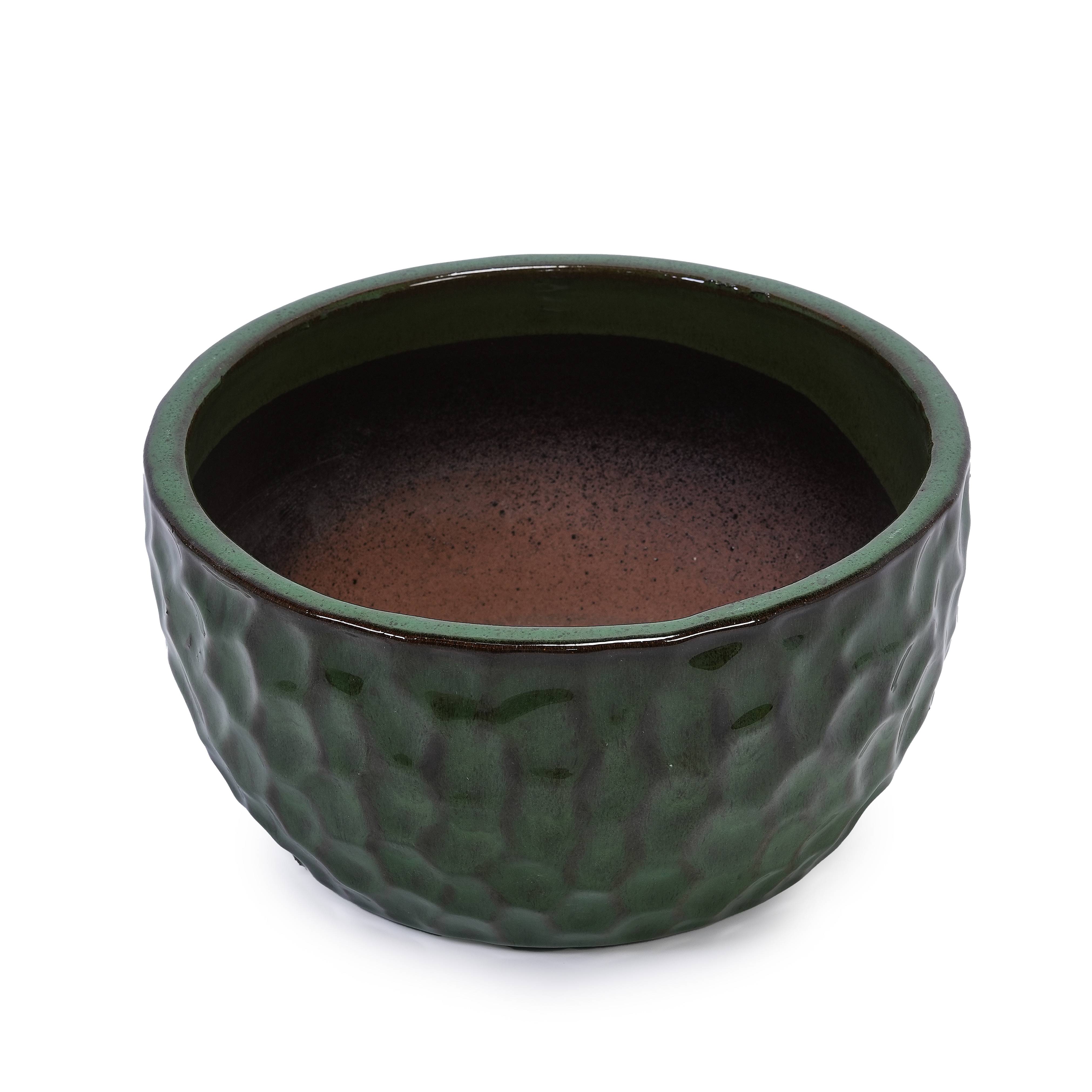 Lot 3 Pots de Fleurs Céramique Effet Martelé Intérieur Extérieur Drainage Vert - ComfortXL Outdoor Living - Image 7