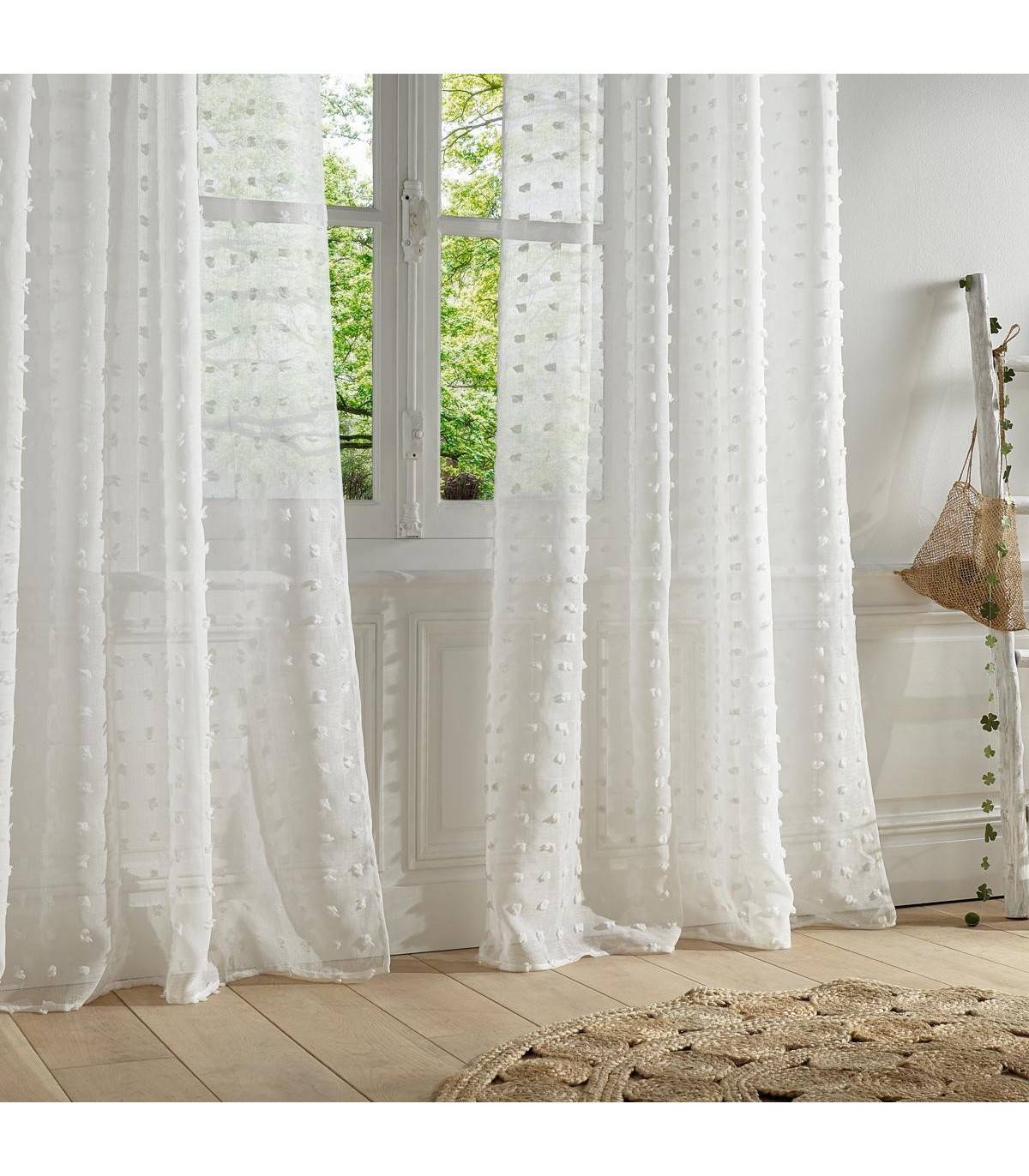 Voilage à œillets Blanc motif petits pompons 140 x 240 cm - Image 4