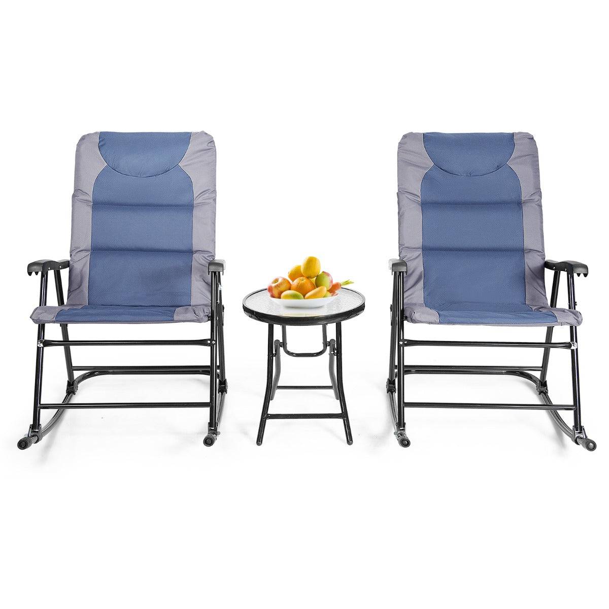 Salon de jardin 2 personnes ensemble de jardin 3 pcs avec 2 chaises rembourrés à bascule et table en verre pliables bleu - Image 1