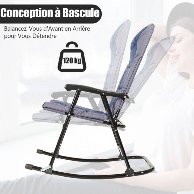 Salon de jardin 2 personnes ensemble de jardin 3 pcs avec 2 chaises rembourrés à bascule et table en verre pliables bleu - Image 3