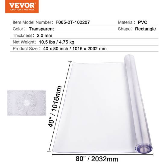 Vevor - VEVOR Protection table PVC transparent, 40x80", 2.0mm, rectangulaire, résistant eau, bureau. - Image 7
