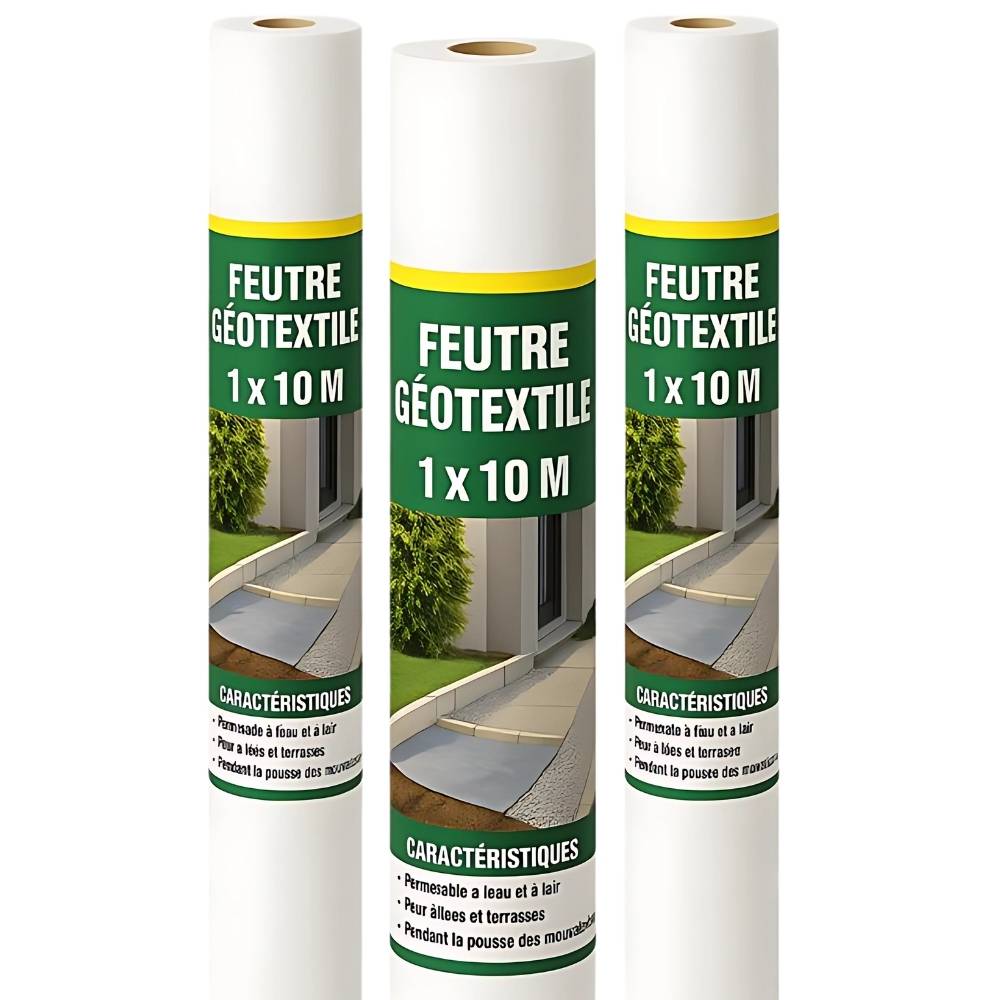 Rouleau Géotextile, Non Tissé 1 x 10 m - Feutre Géo 150g/m2 Anti-Mauvaises Herbes, Polyester perméable, pour allée, jardin Lot de 3 - Image 1