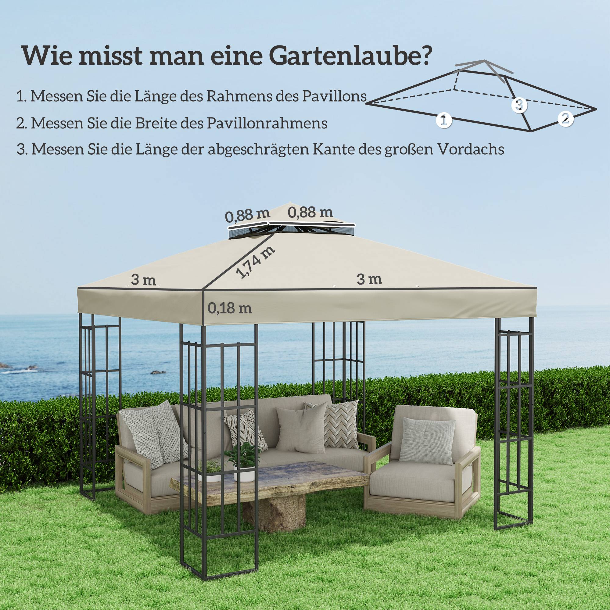 Toile de rechange polyester pour tonnelle double toit imperméable 3x3m Blanc Crème - ComfortXL Outdoor Living - Image 3