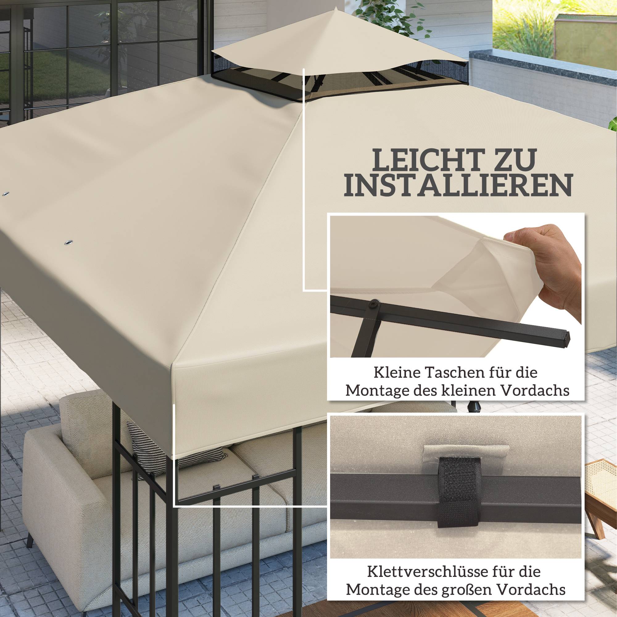 Toile de rechange polyester pour tonnelle double toit imperméable 3x3m Blanc Crème - ComfortXL Outdoor Living - Image 5