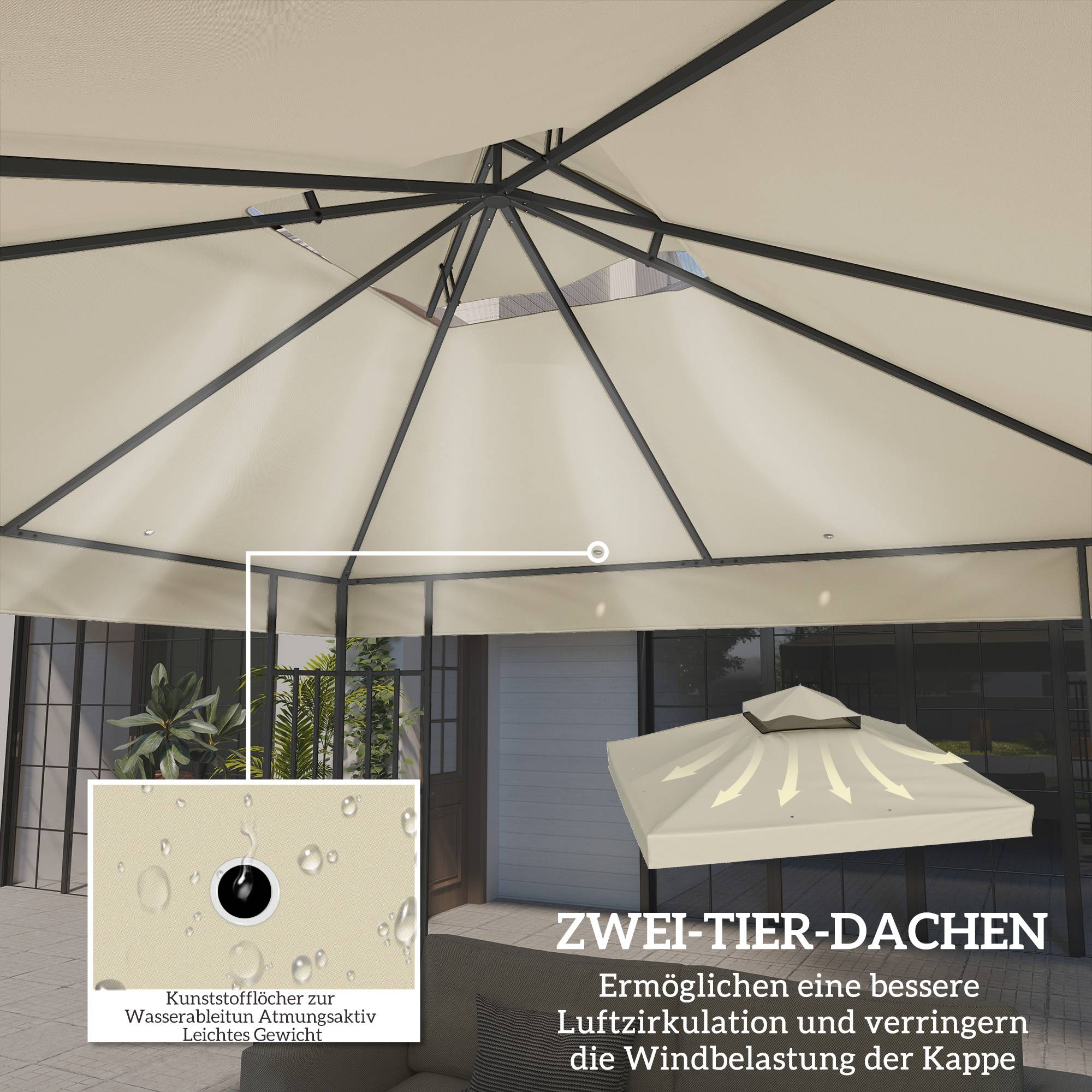 Toile de rechange polyester pour tonnelle double toit imperméable 3x3m Blanc Crème - ComfortXL Outdoor Living - Image 4